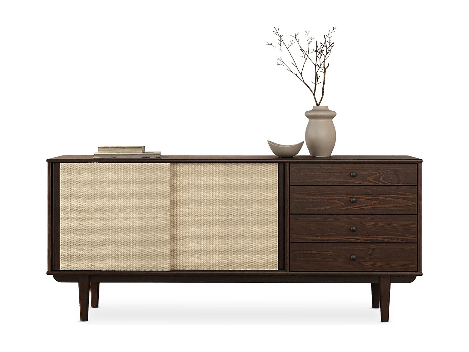 Buffet en bois SIMONA L 175 cm coloris noyer avec 4 Tiroirs 2 Portes Coulissantes, pour Salon ou Salle à manger