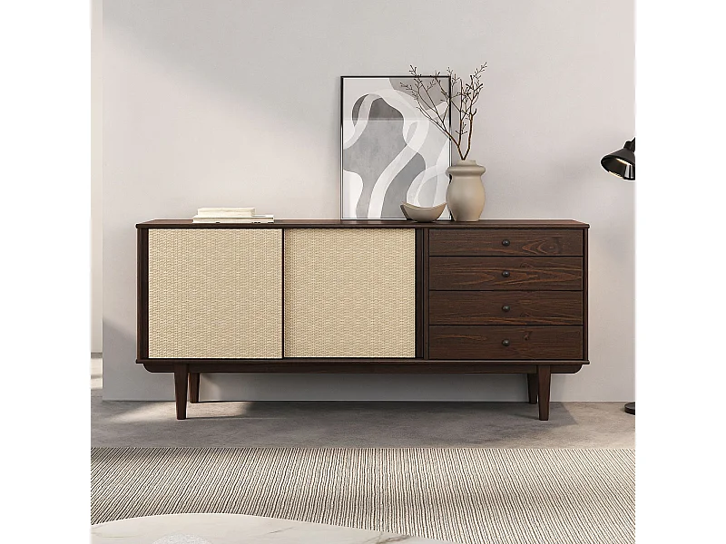 Buffet en bois SIMONA L 175 cm coloris noyer avec 4 Tiroirs 2 Portes Coulissantes, pour Salon ou Salle à manger