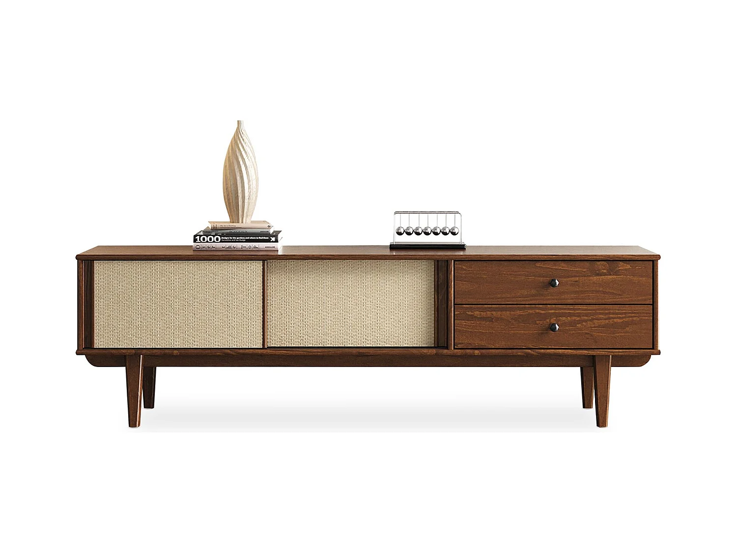 Meuble TV SIMONA L 175 cm en bois massif coloris châtaignier avec 2 Tiroirs 2 Portes Coulissantes, Pour TV jusqu'à 75"