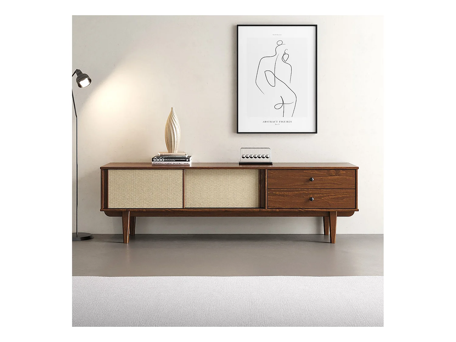 Meuble TV SIMONA L 175 cm en bois massif coloris châtaignier avec 2 Tiroirs 2 Portes Coulissantes, Pour TV jusqu'à 75"