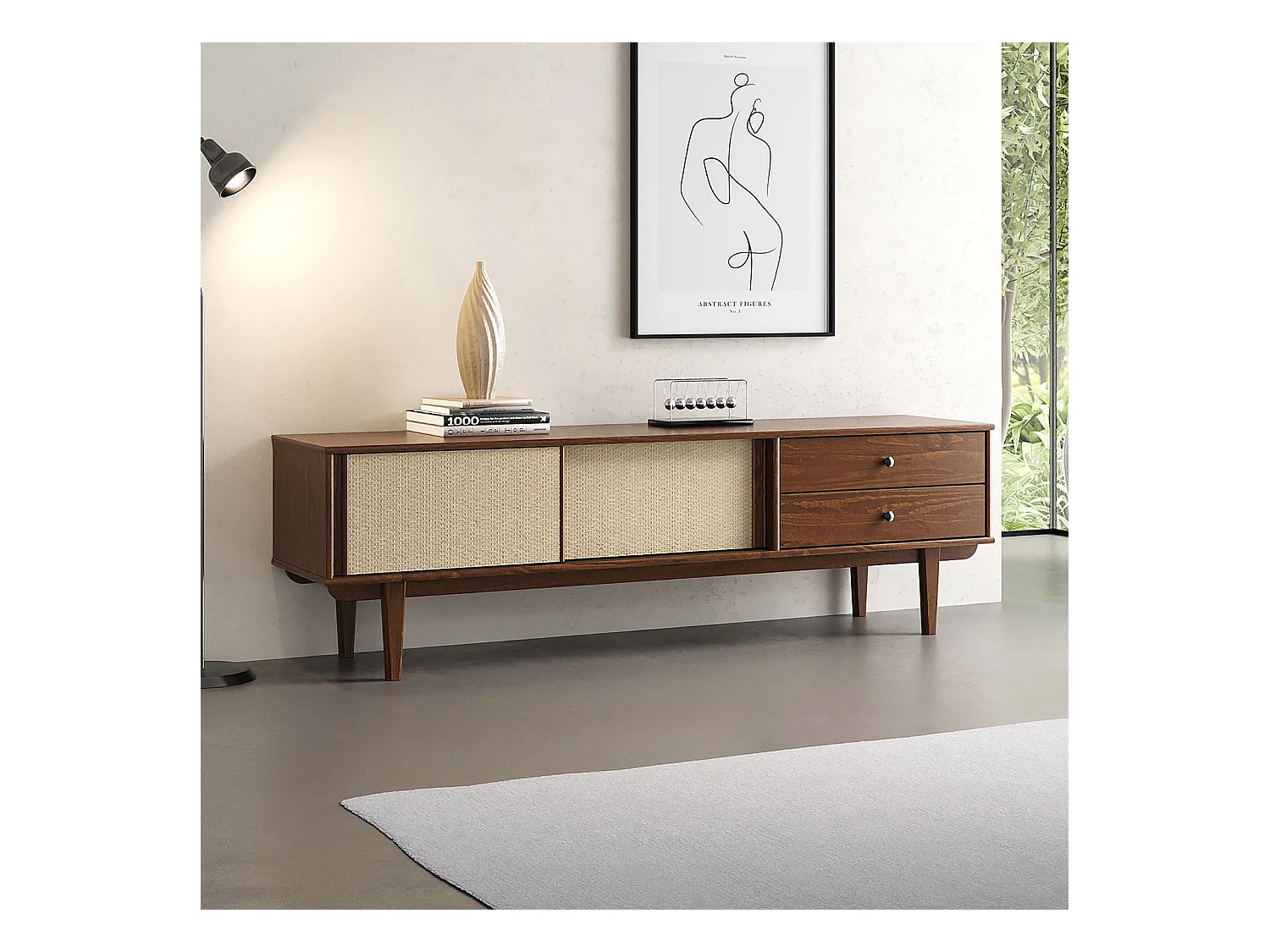 Meuble TV SIMONA L 175 cm en bois massif coloris châtaignier avec 2 Tiroirs 2 Portes Coulissantes, Pour TV jusqu'à 75"