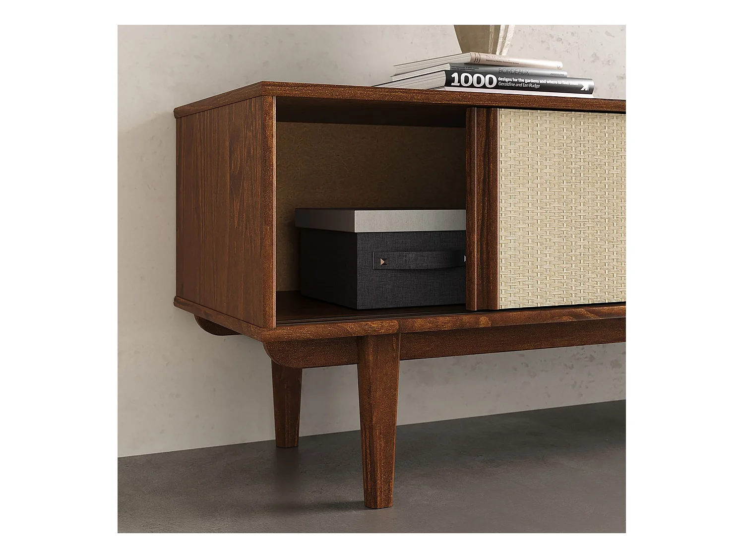 Meuble TV SIMONA L 175 cm en bois massif coloris châtaignier avec 2 Tiroirs 2 Portes Coulissantes, Pour TV jusqu'à 75"