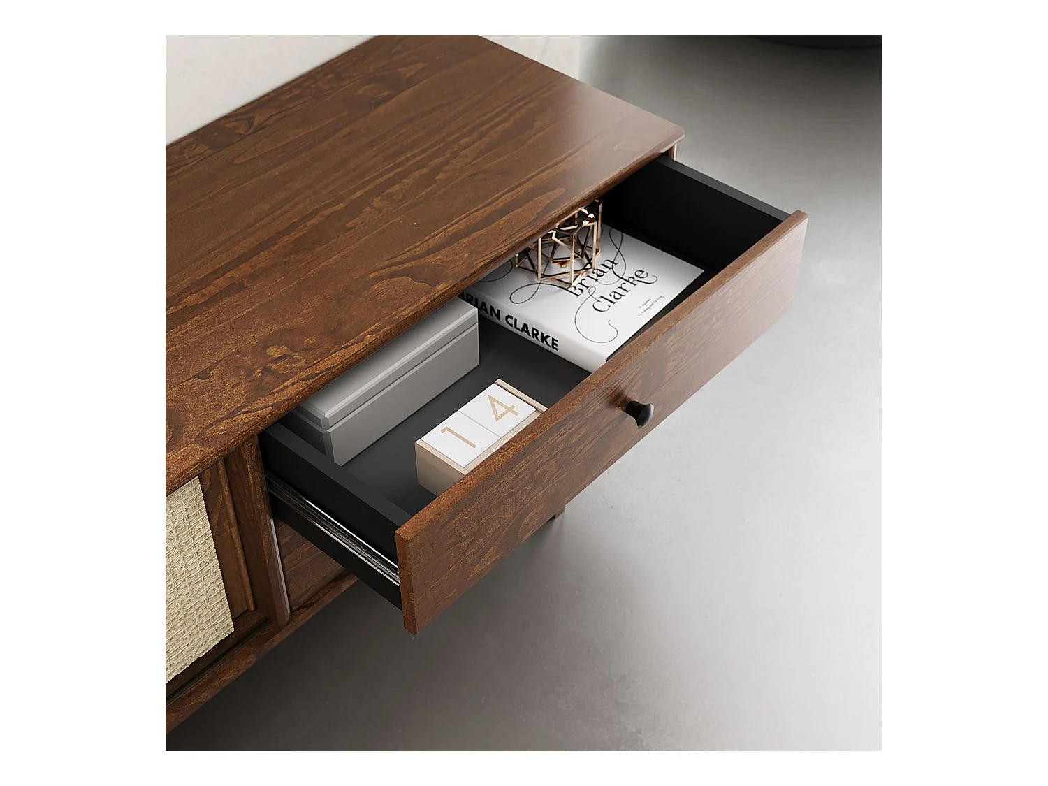 Meuble TV SIMONA L 175 cm en bois massif coloris châtaignier avec 2 Tiroirs 2 Portes Coulissantes, Pour TV jusqu'à 75"