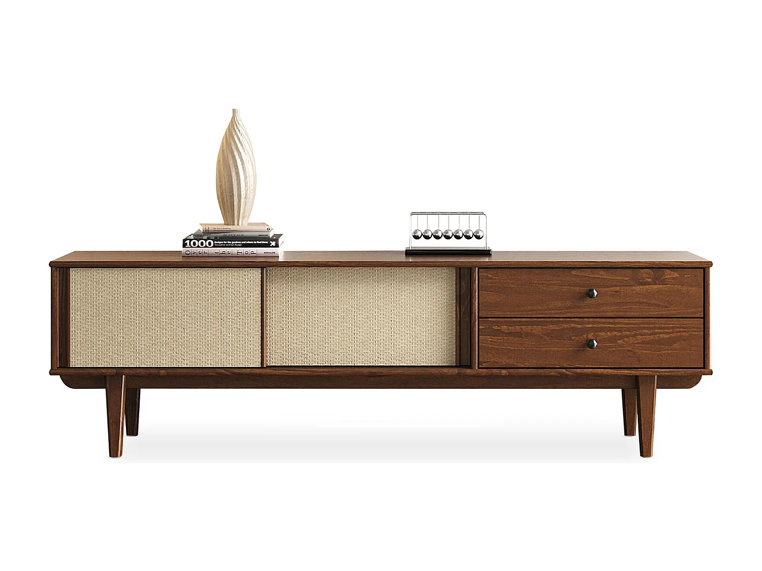 Meuble TV SIMONA L 175 cm en bois massif coloris châtaignier avec 2 Tiroirs 2 Portes Coulissantes, Pour TV jusqu'à 75"