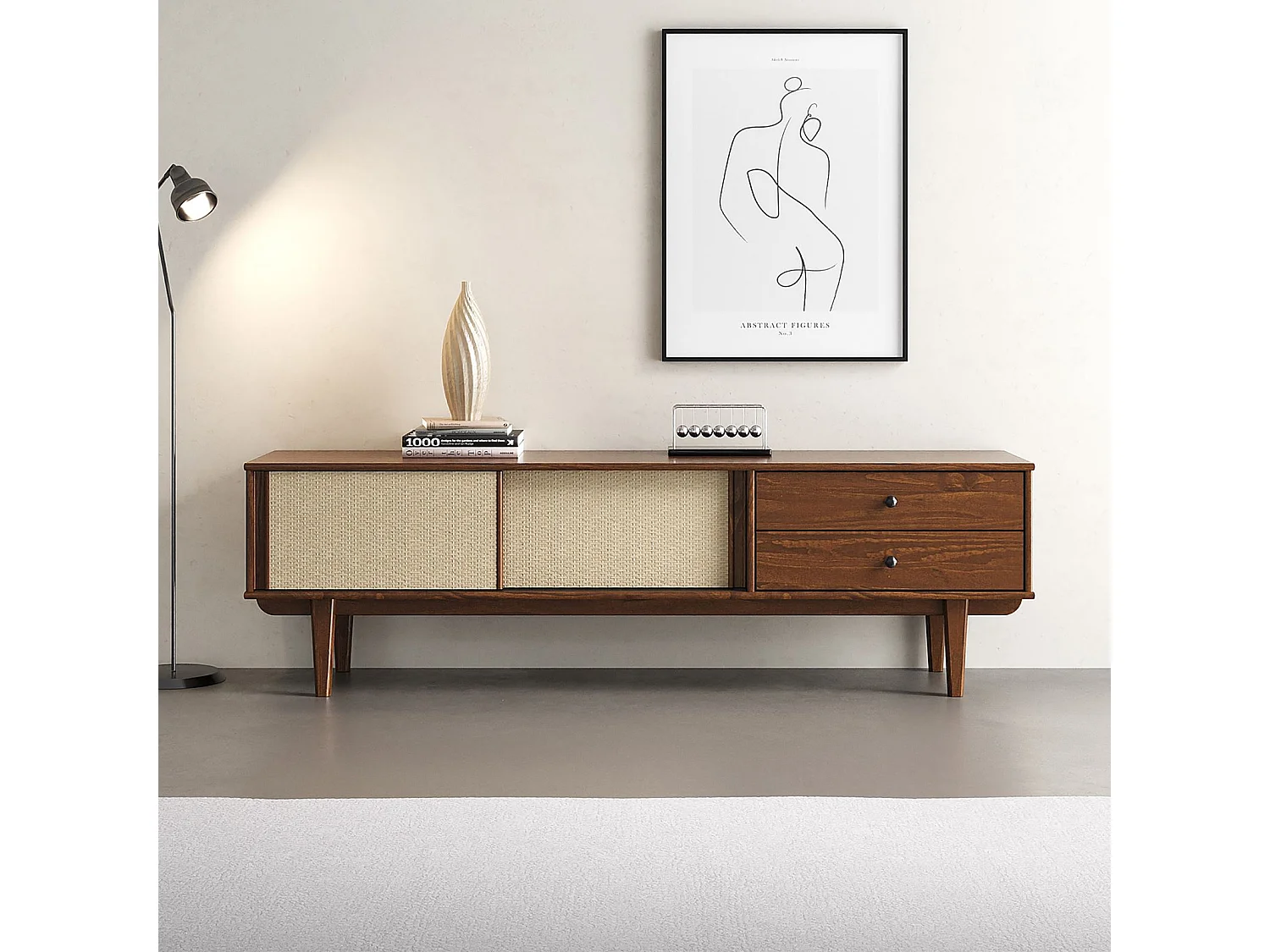 Meuble TV SIMONA L 175 cm en bois massif coloris châtaignier avec 2 Tiroirs 2 Portes Coulissantes, Pour TV jusqu'à 75"