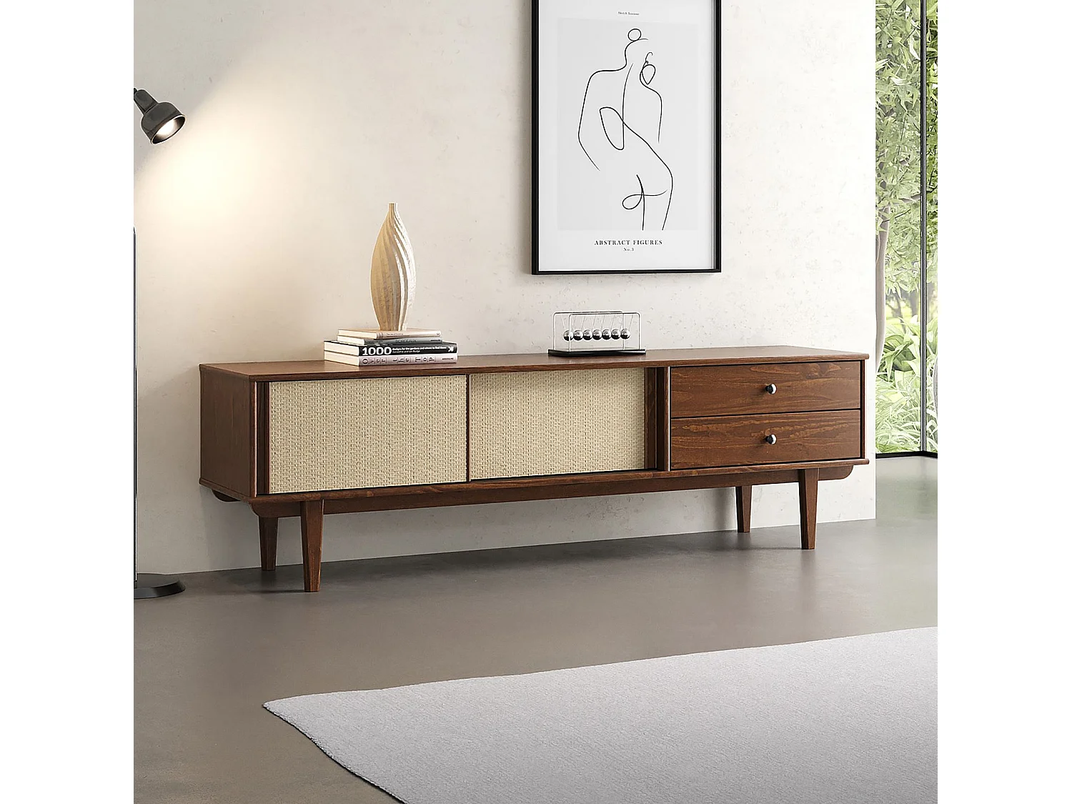 Meuble TV SIMONA L 175 cm en bois massif coloris châtaignier avec 2 Tiroirs 2 Portes Coulissantes, Pour TV jusqu'à 75"