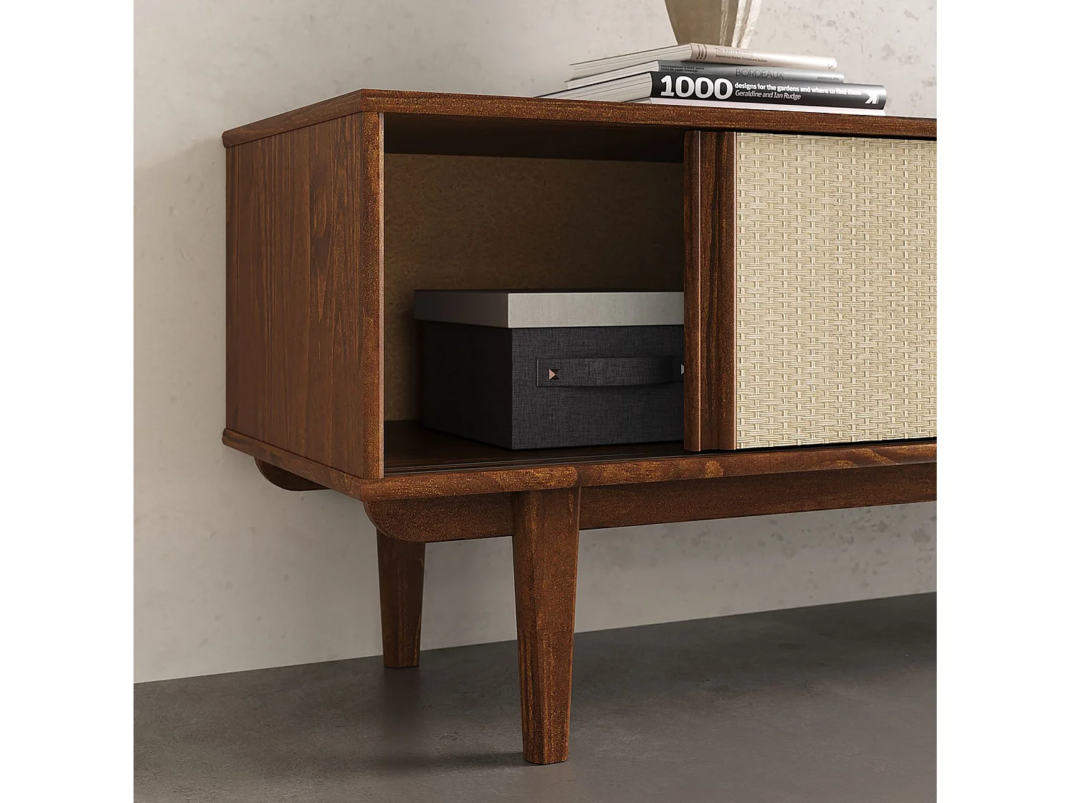 Meuble TV SIMONA L 175 cm en bois massif coloris châtaignier avec 2 Tiroirs 2 Portes Coulissantes, Pour TV jusqu'à 75"