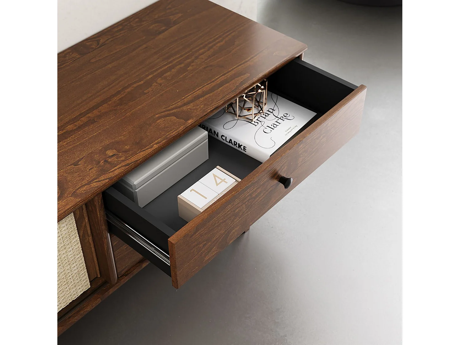 Meuble TV SIMONA L 175 cm en bois massif coloris châtaignier avec 2 Tiroirs 2 Portes Coulissantes, Pour TV jusqu'à 75"