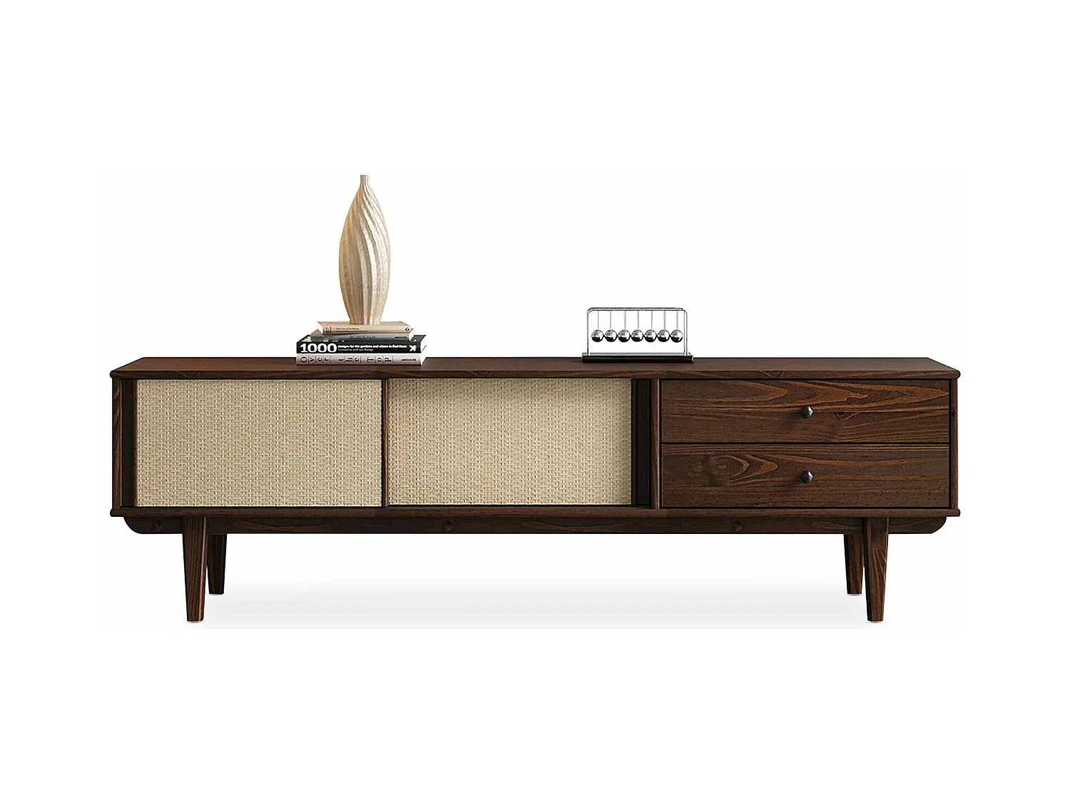 Meuble TV SIMONA L 175 cm en bois massif coloris noyer avec 2 Tiroirs 2 Portes Coulissantes, Pour téléviseur jusqu'à 75"