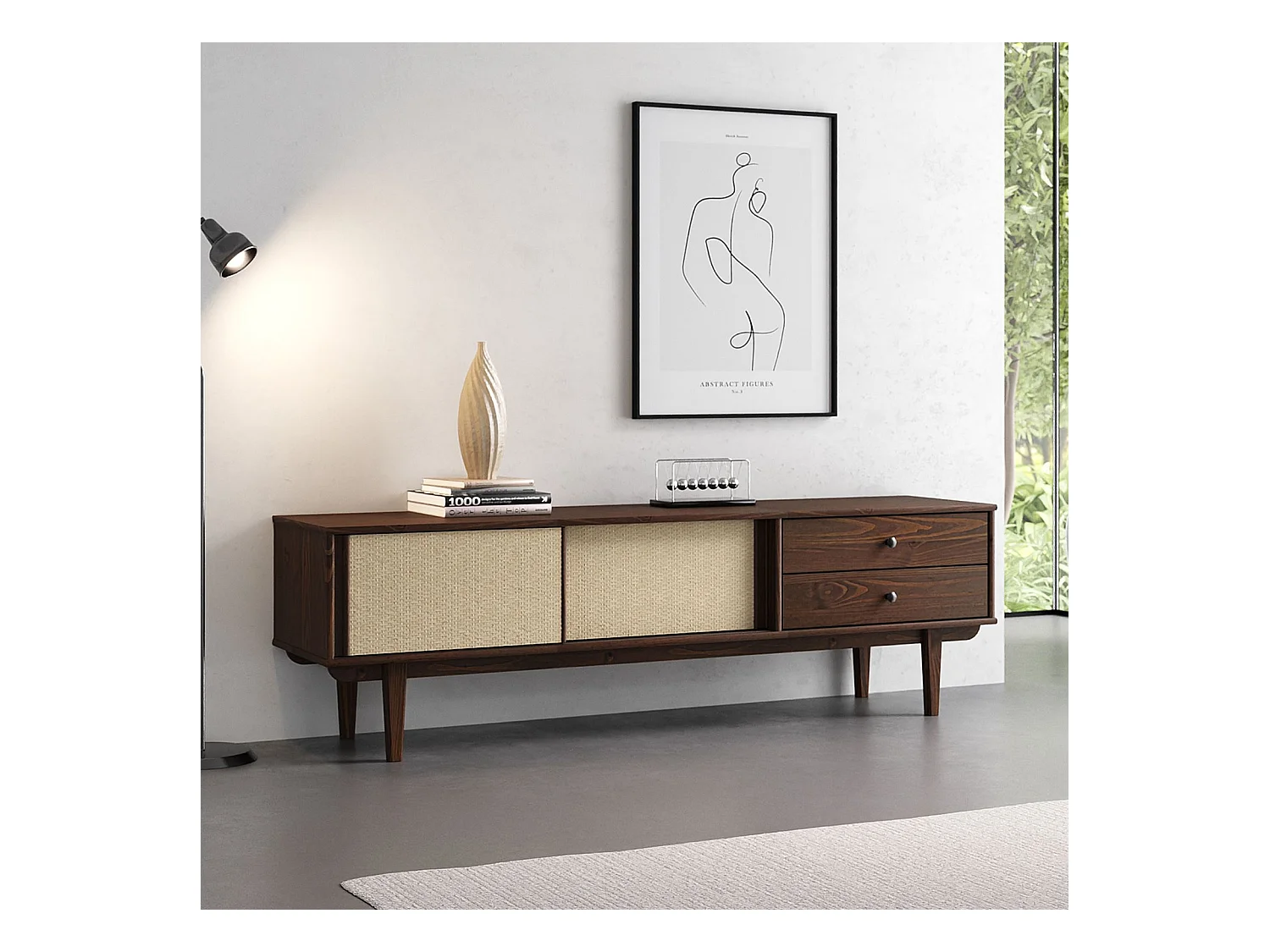 Meuble TV SIMONA L 175 cm en bois massif coloris noyer avec 2 Tiroirs 2 Portes Coulissantes, Pour téléviseur jusqu'à 75"