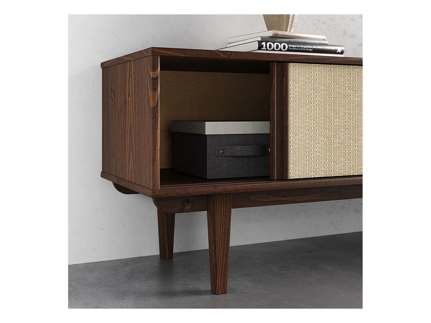 Meuble TV SIMONA L 175 cm en bois massif coloris noyer avec 2 Tiroirs 2 Portes Coulissantes, Pour téléviseur jusqu'à 75"