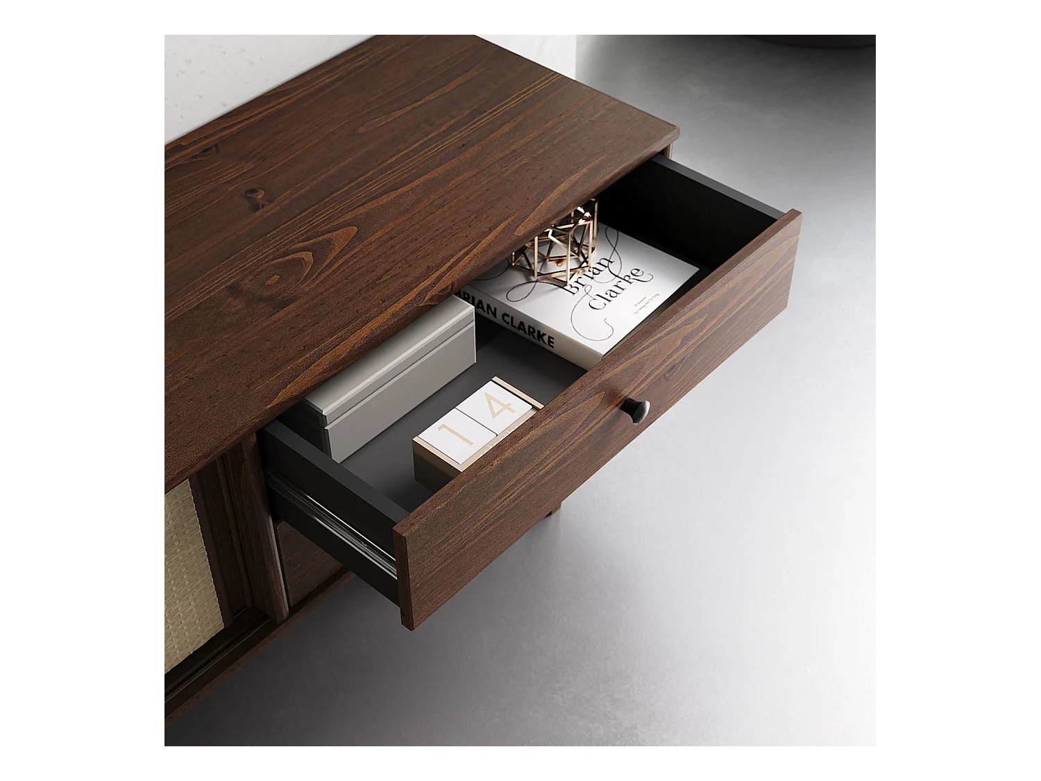 Meuble TV SIMONA L 175 cm en bois massif coloris noyer avec 2 Tiroirs 2 Portes Coulissantes, Pour téléviseur jusqu'à 75"