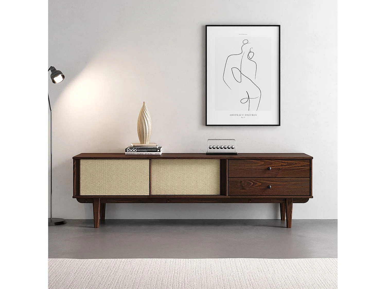 Meuble TV SIMONA L 175 cm en bois massif coloris noyer avec 2 Tiroirs 2 Portes Coulissantes, Pour téléviseur jusqu'à 75"