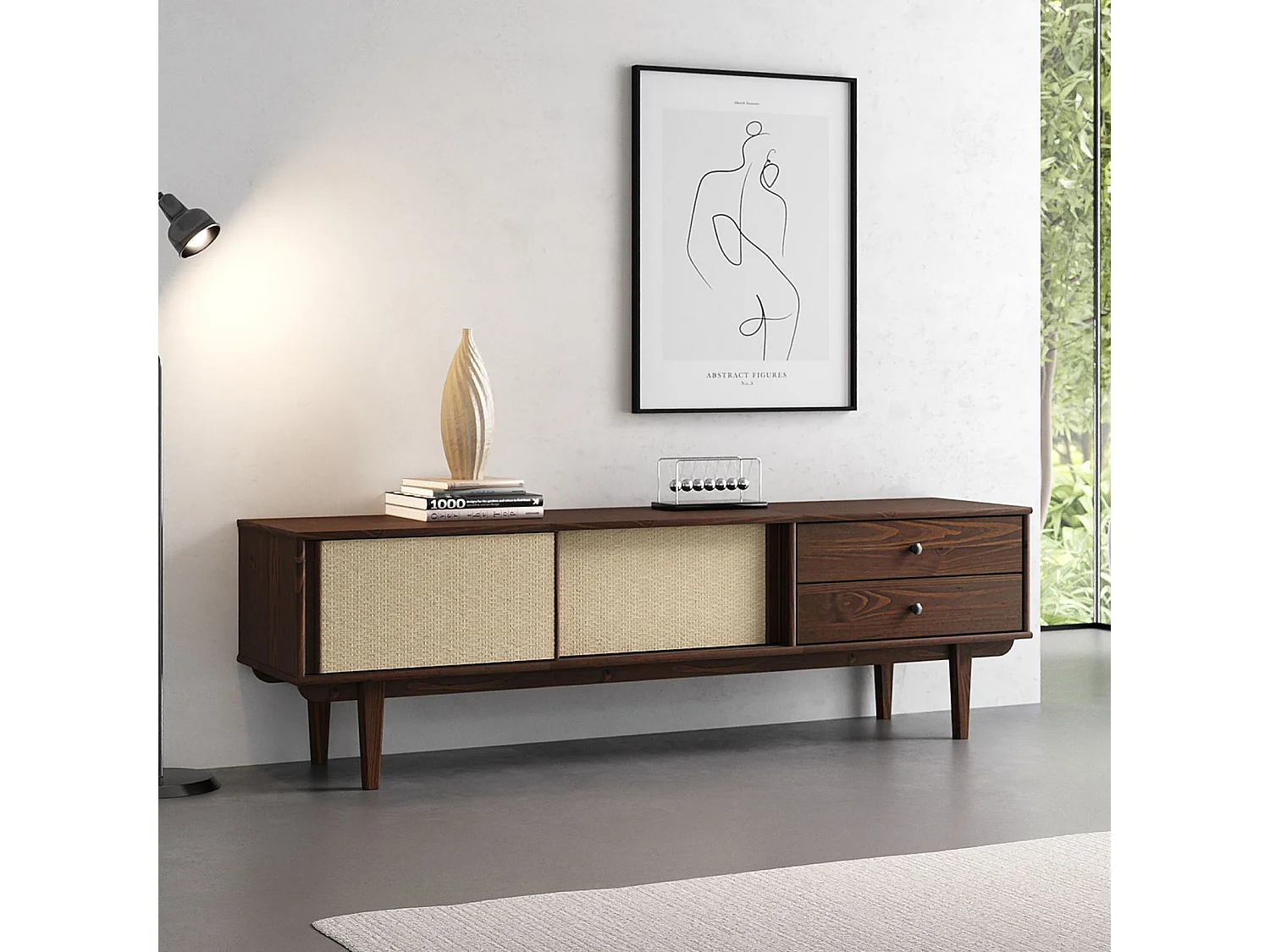 Meuble TV SIMONA L 175 cm en bois massif coloris noyer avec 2 Tiroirs 2 Portes Coulissantes, Pour téléviseur jusqu'à 75"