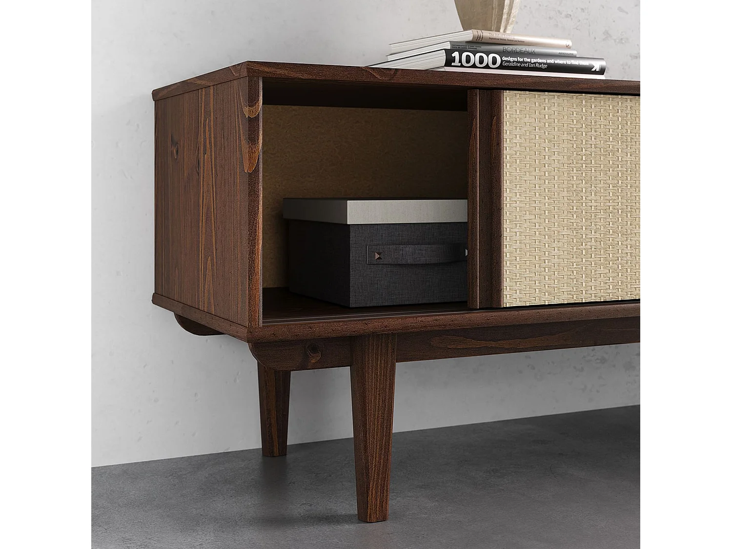 Meuble TV SIMONA L 175 cm en bois massif coloris noyer avec 2 Tiroirs 2 Portes Coulissantes, Pour téléviseur jusqu'à 75"