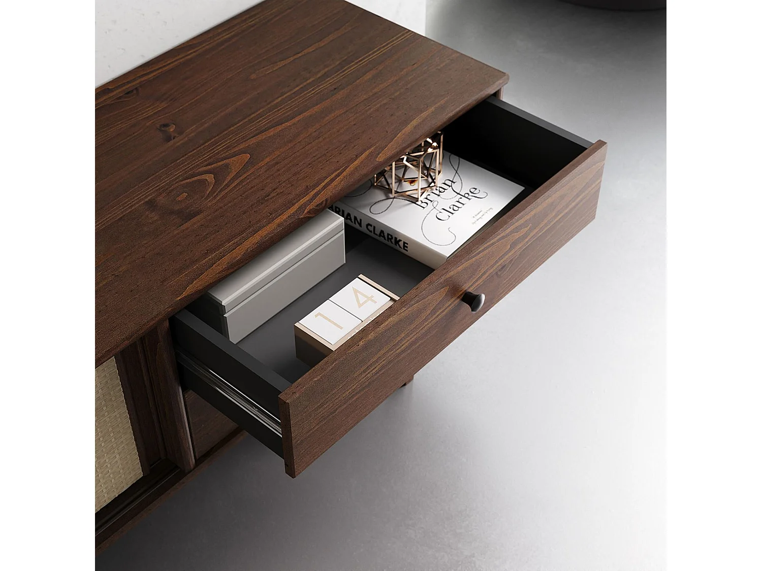 Meuble TV SIMONA L 175 cm en bois massif coloris noyer avec 2 Tiroirs 2 Portes Coulissantes, Pour téléviseur jusqu'à 75"