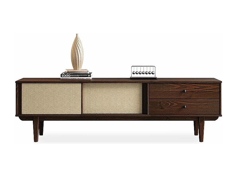 Meuble TV SIMONA L 175 cm en bois massif coloris noyer avec 2 Tiroirs 2 Portes Coulissantes, Pour téléviseur jusqu'à 75"