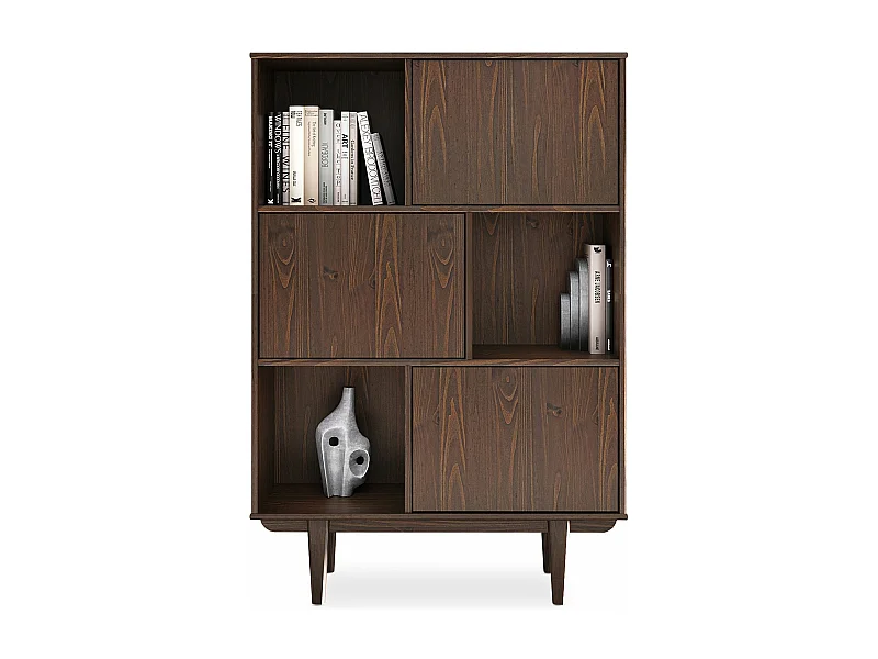 Buffet haut SIMONA 95x139 cm en bois massif coloris noyer avec 3 Portes et 3 Étagères, Vaisselier en hauteur