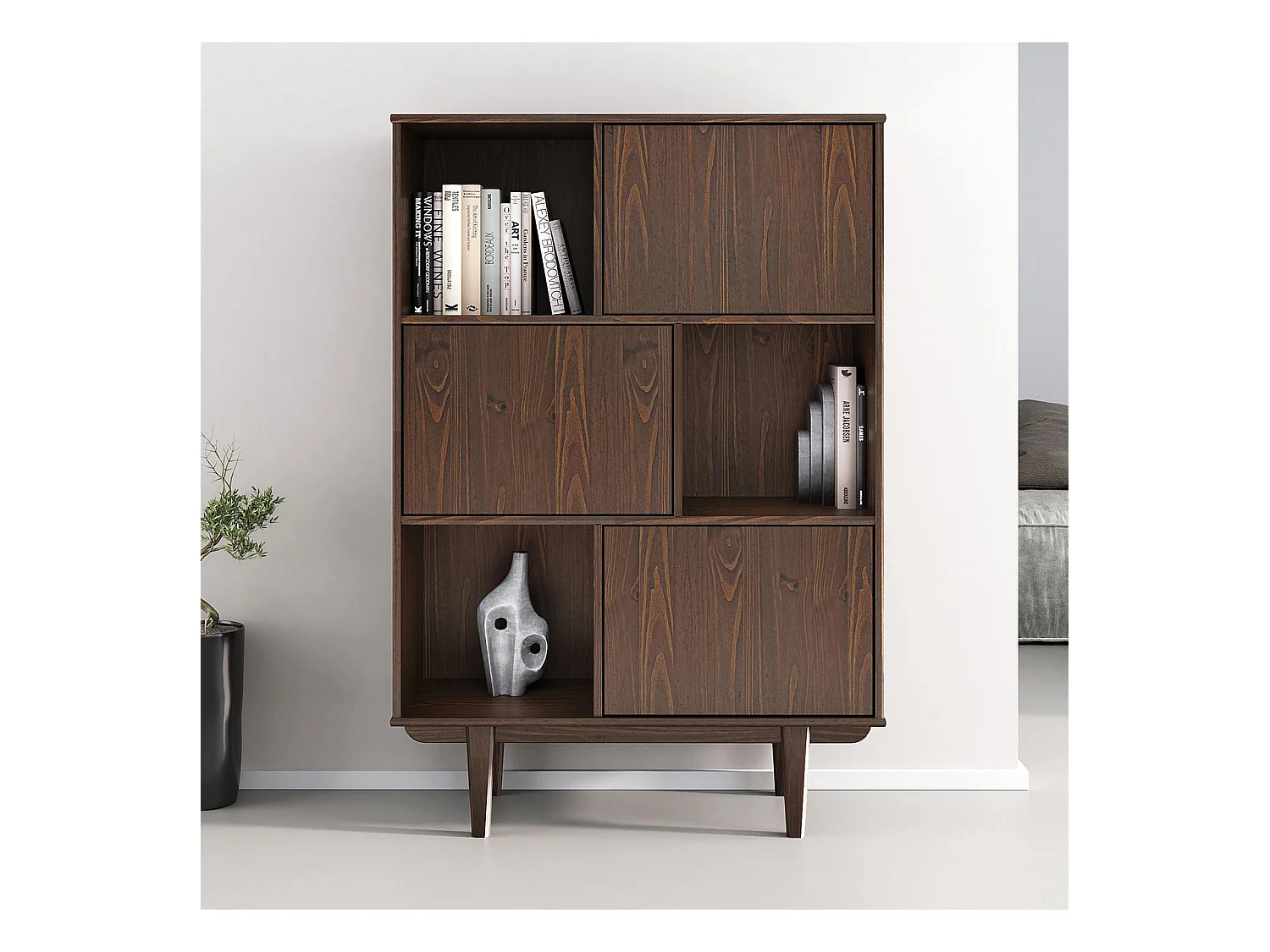 Buffet haut SIMONA 95x139 cm en bois massif coloris noyer avec 3 Portes et 3 Étagères, Vaisselier en hauteur