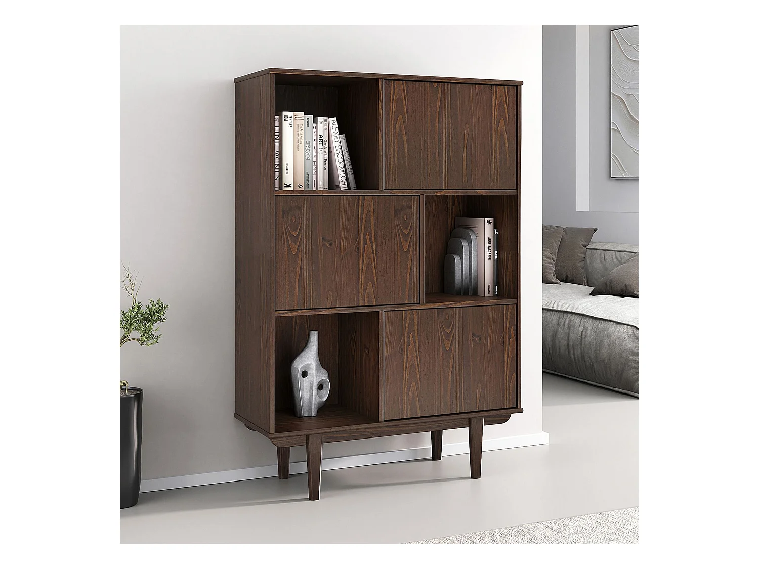 Buffet haut SIMONA 95x139 cm en bois massif coloris noyer avec 3 Portes et 3 Étagères, Vaisselier en hauteur