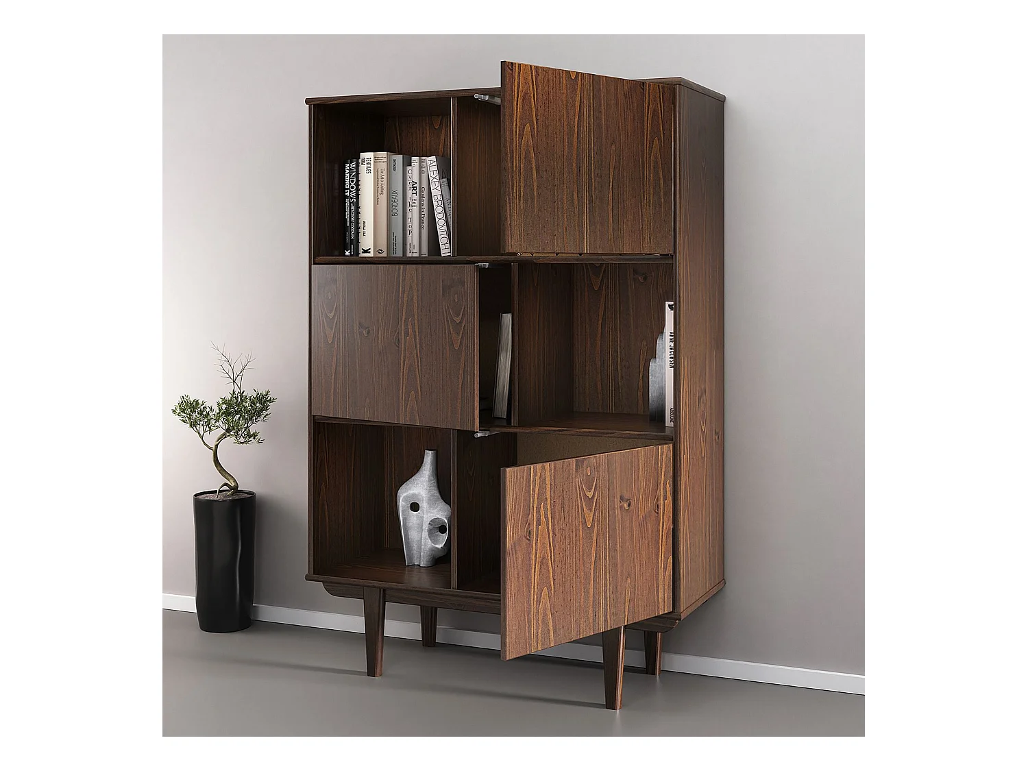 Buffet haut SIMONA 95x139 cm en bois massif coloris noyer avec 3 Portes et 3 Étagères, Vaisselier en hauteur