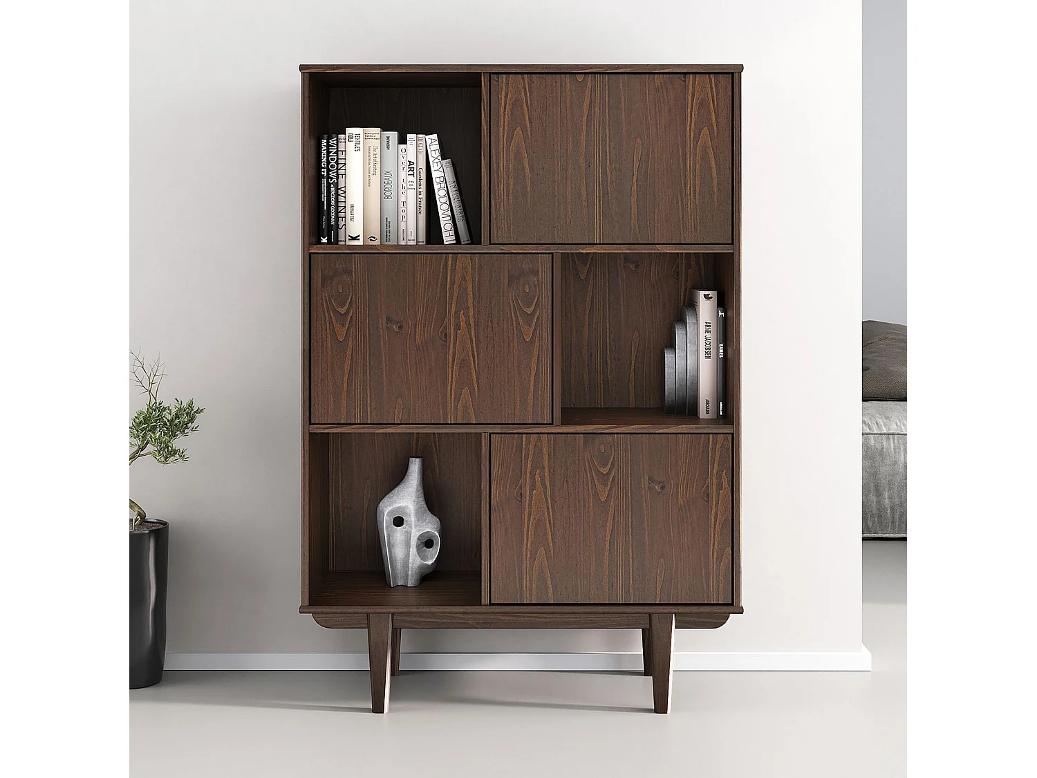 Buffet haut SIMONA 95x139 cm en bois massif coloris noyer avec 3 Portes et 3 Étagères, Vaisselier en hauteur