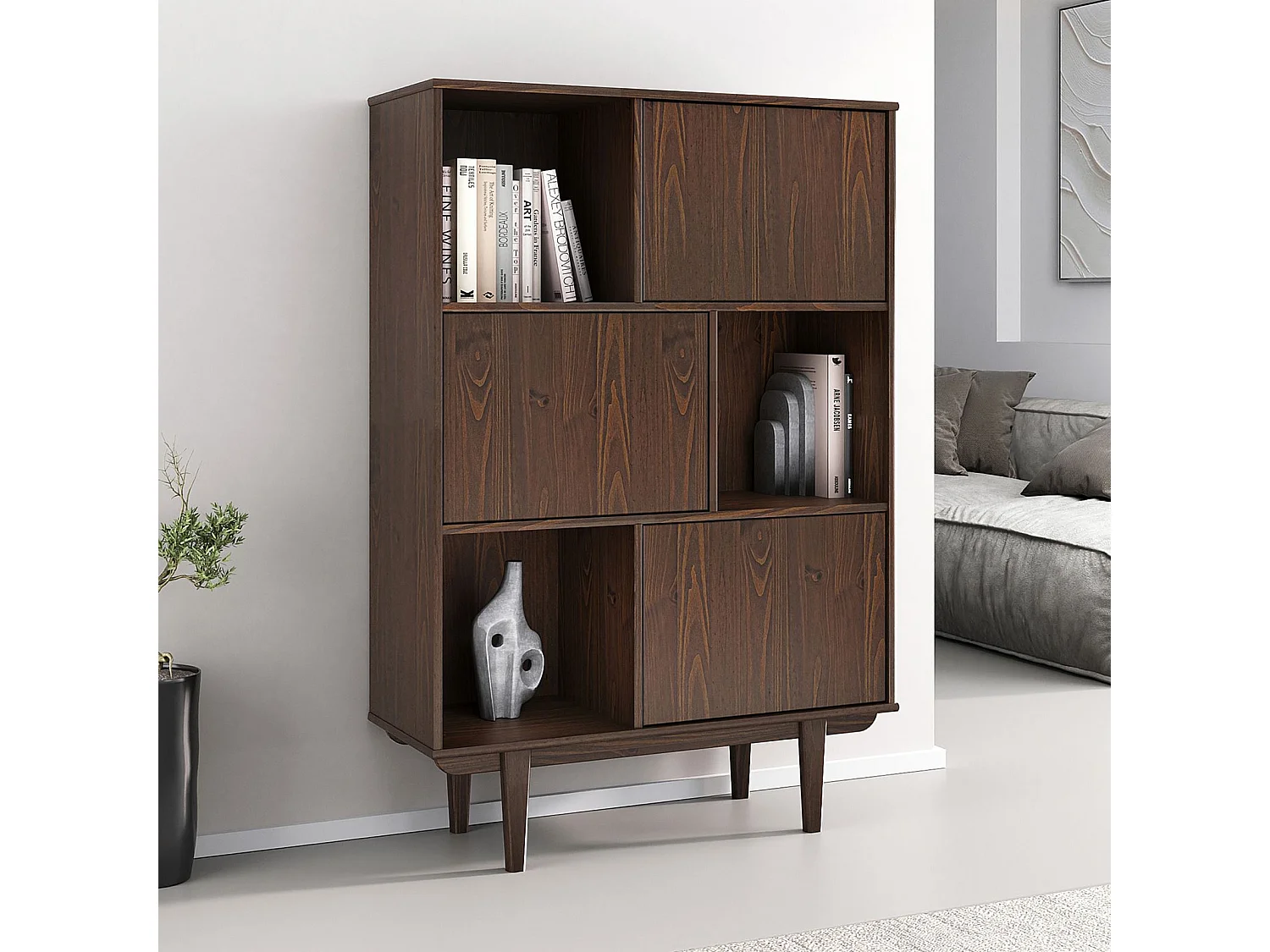 Buffet haut SIMONA 95x139 cm en bois massif coloris noyer avec 3 Portes et 3 Étagères, Vaisselier en hauteur