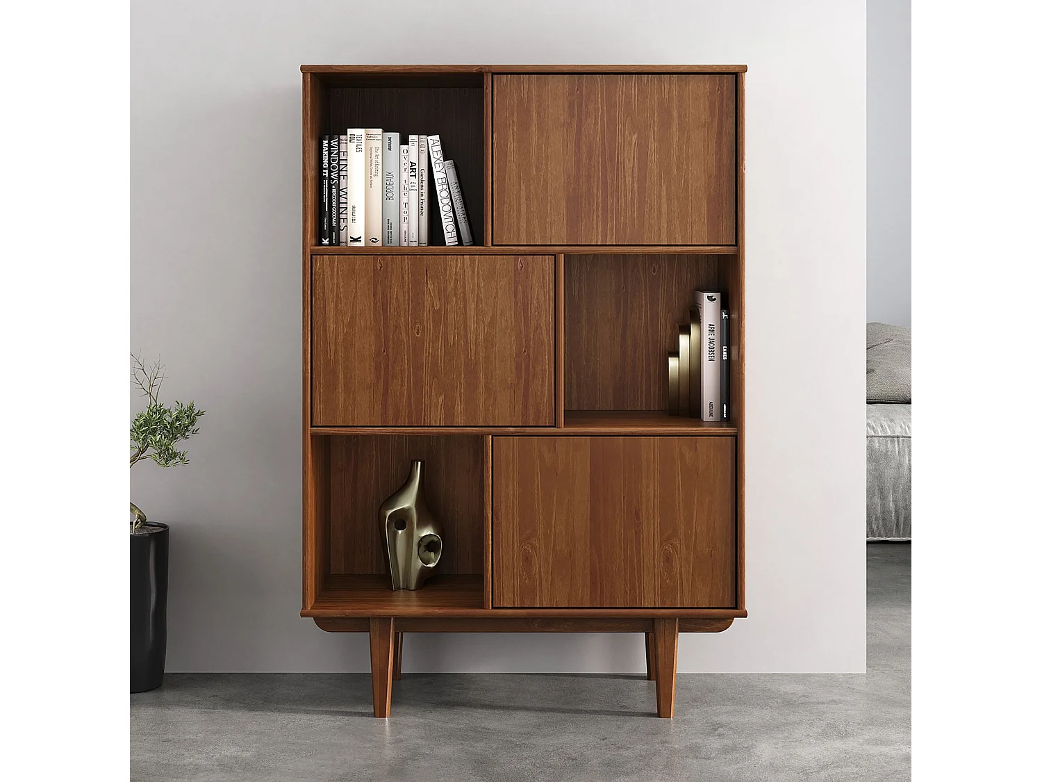 Buffet haut SIMONA 95x139 cm en bois massif coloris châtaignier avec 3 Portes et 3 Étagères, Vaisselier en hauteur