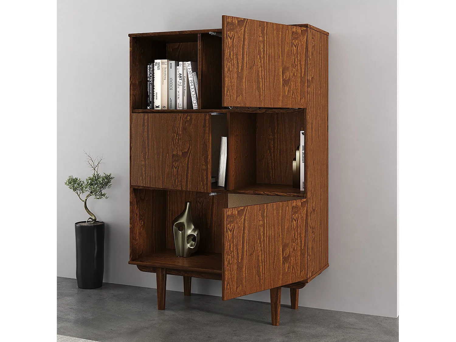 Buffet haut SIMONA 95x139 cm en bois massif coloris châtaignier avec 3 Portes et 3 Étagères, Vaisselier en hauteur