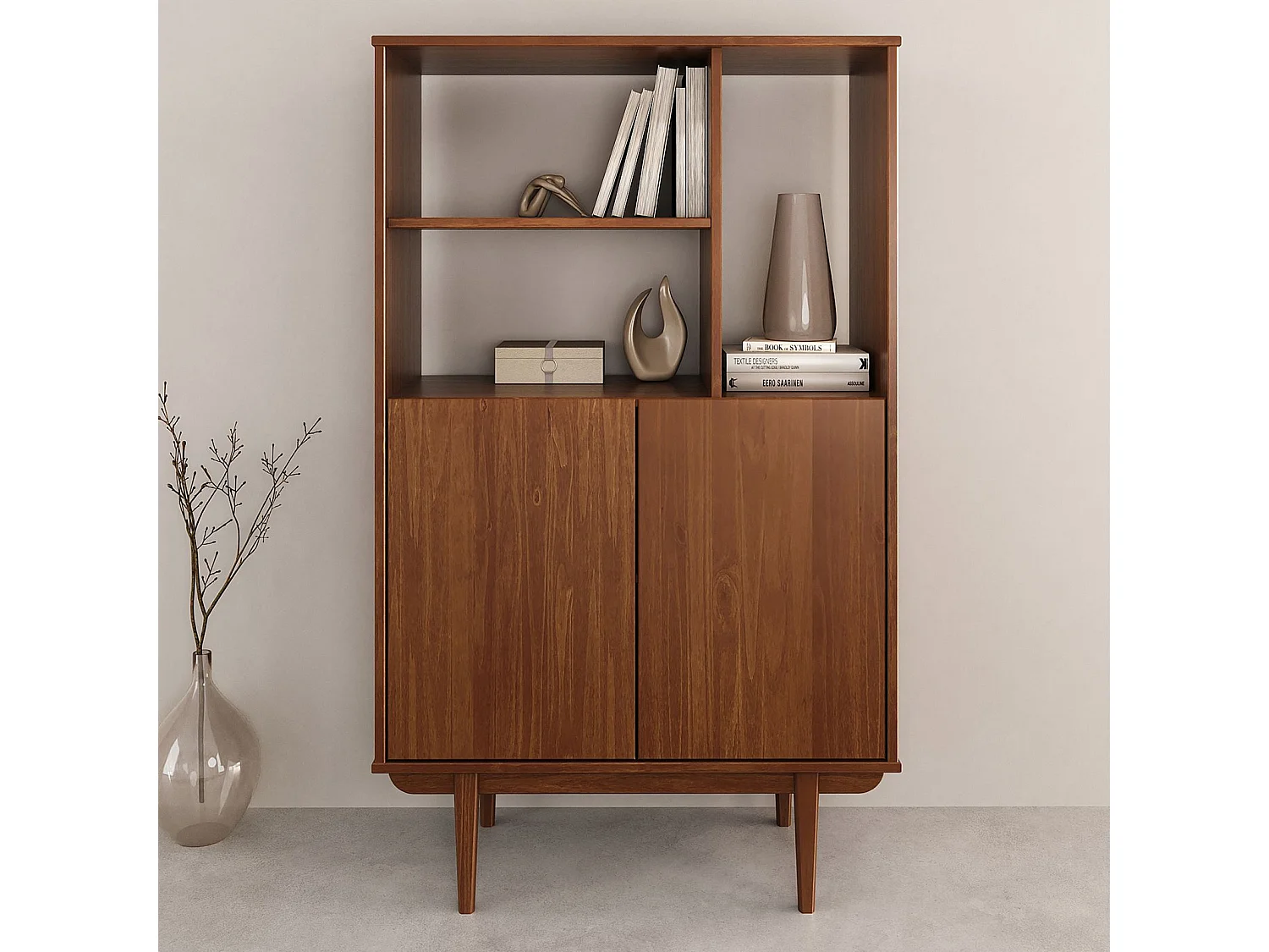 Buffet haut SIMONA 80x133 cm en Bois massif coloris châtaignier avec 2 Portes et Étagères, Vaisselier en hauteur