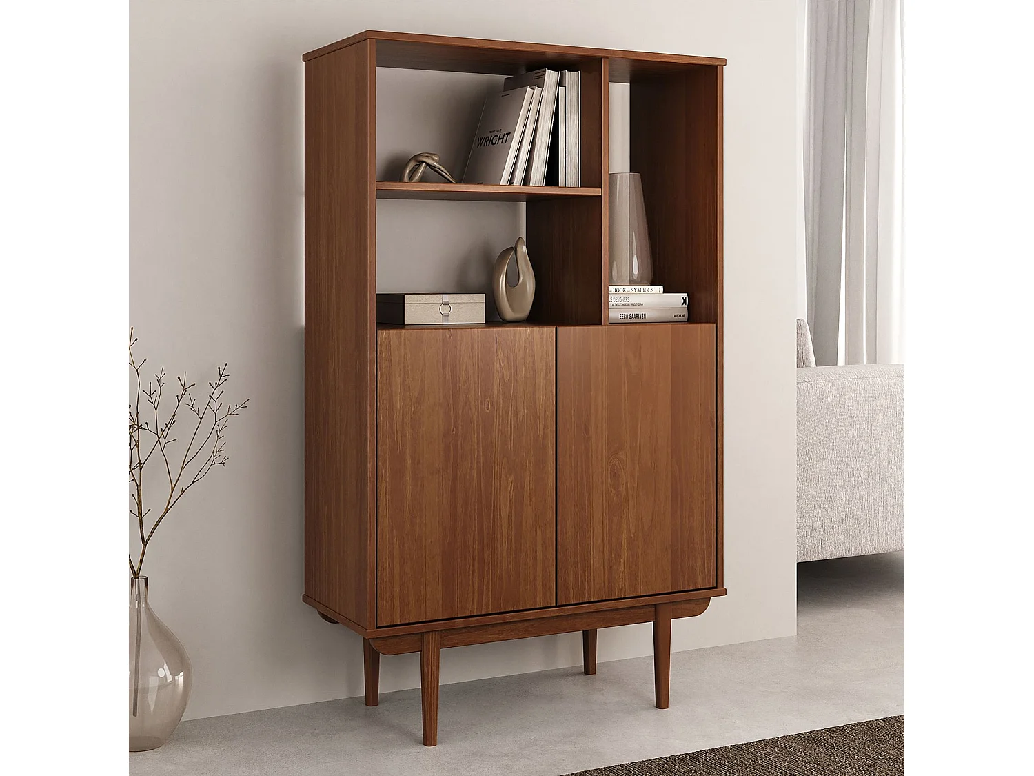 Buffet haut SIMONA 80x133 cm en Bois massif coloris châtaignier avec 2 Portes et Étagères, Vaisselier en hauteur
