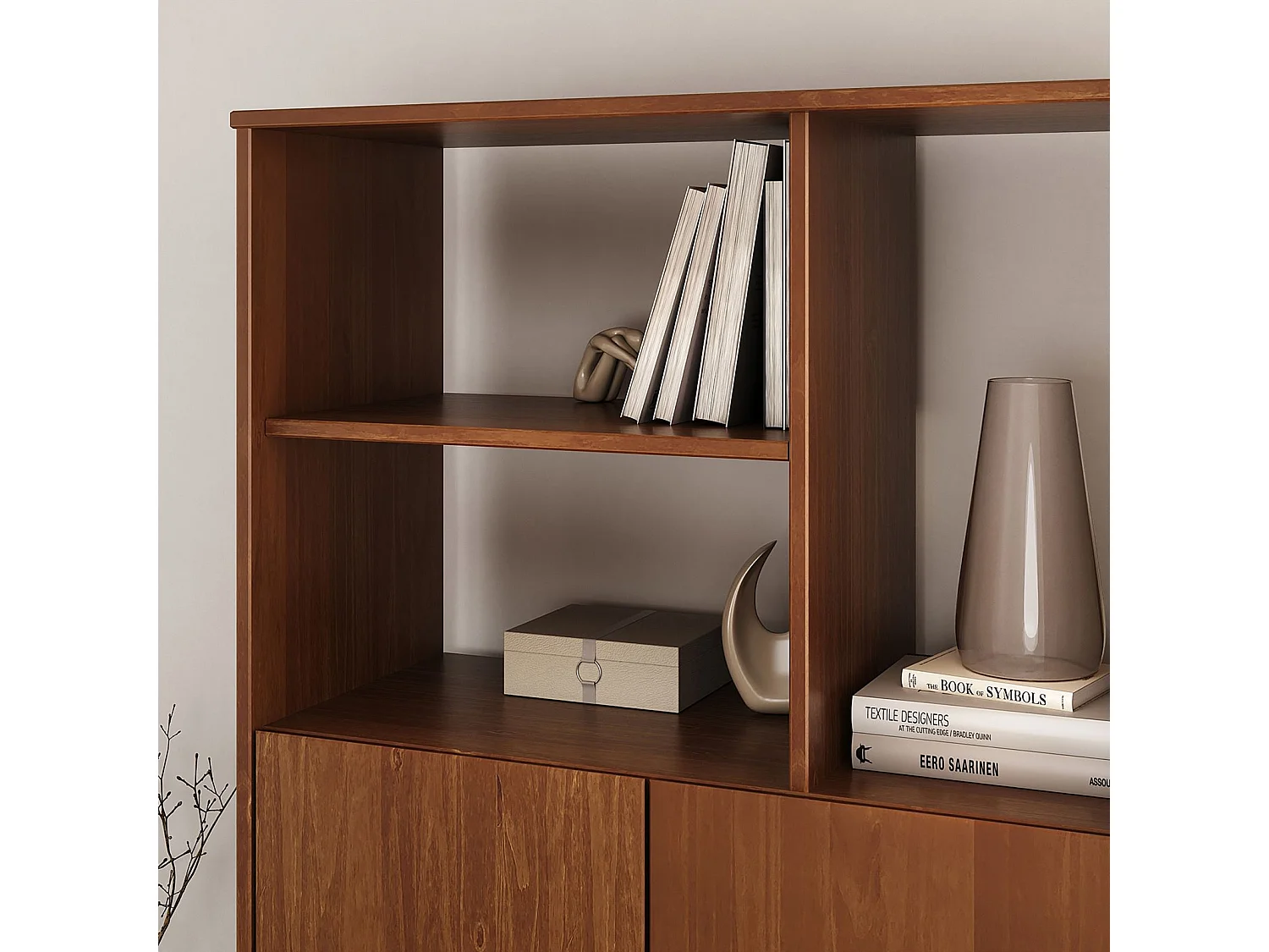 Buffet haut SIMONA 80x133 cm en Bois massif coloris châtaignier avec 2 Portes et Étagères, Vaisselier en hauteur