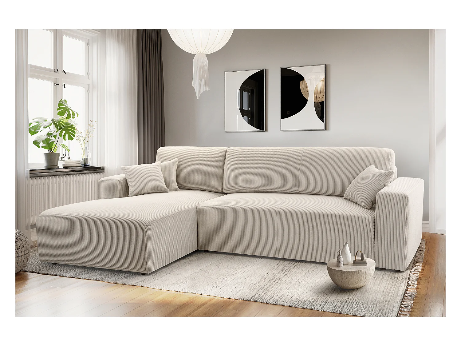 AX LIVING Catea Ecksofa weiß mit Schlaffunktion 279cm mit Bettkasten L