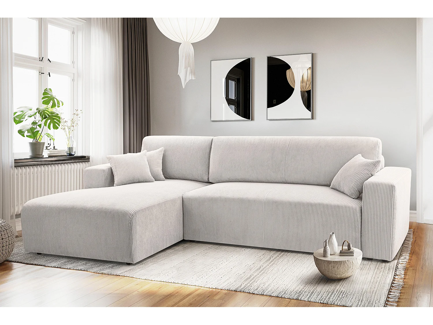 AX LIVING Catea witte hoekbank met slaapfunctie 279cm opbergruimte L