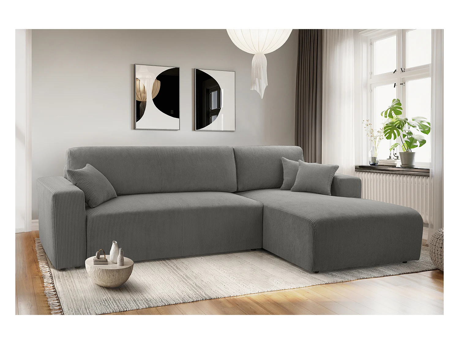 AX LIVING Catea grijze hoekbank met slaapfunctie – 279 cm R