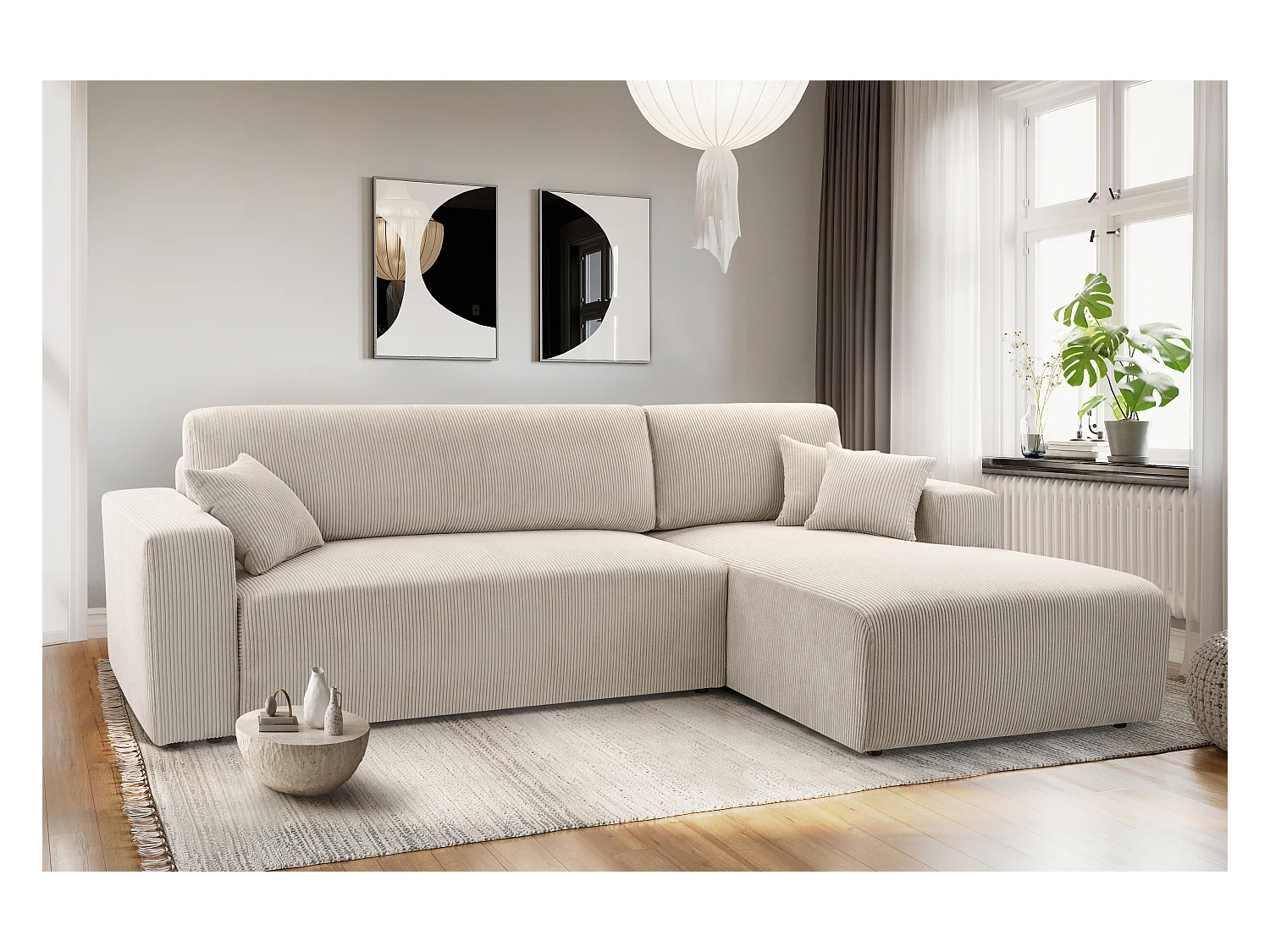 AX LIVING Catea Ecksofa weiß mit Schlaffunktion 279cm mit Bettkasten R