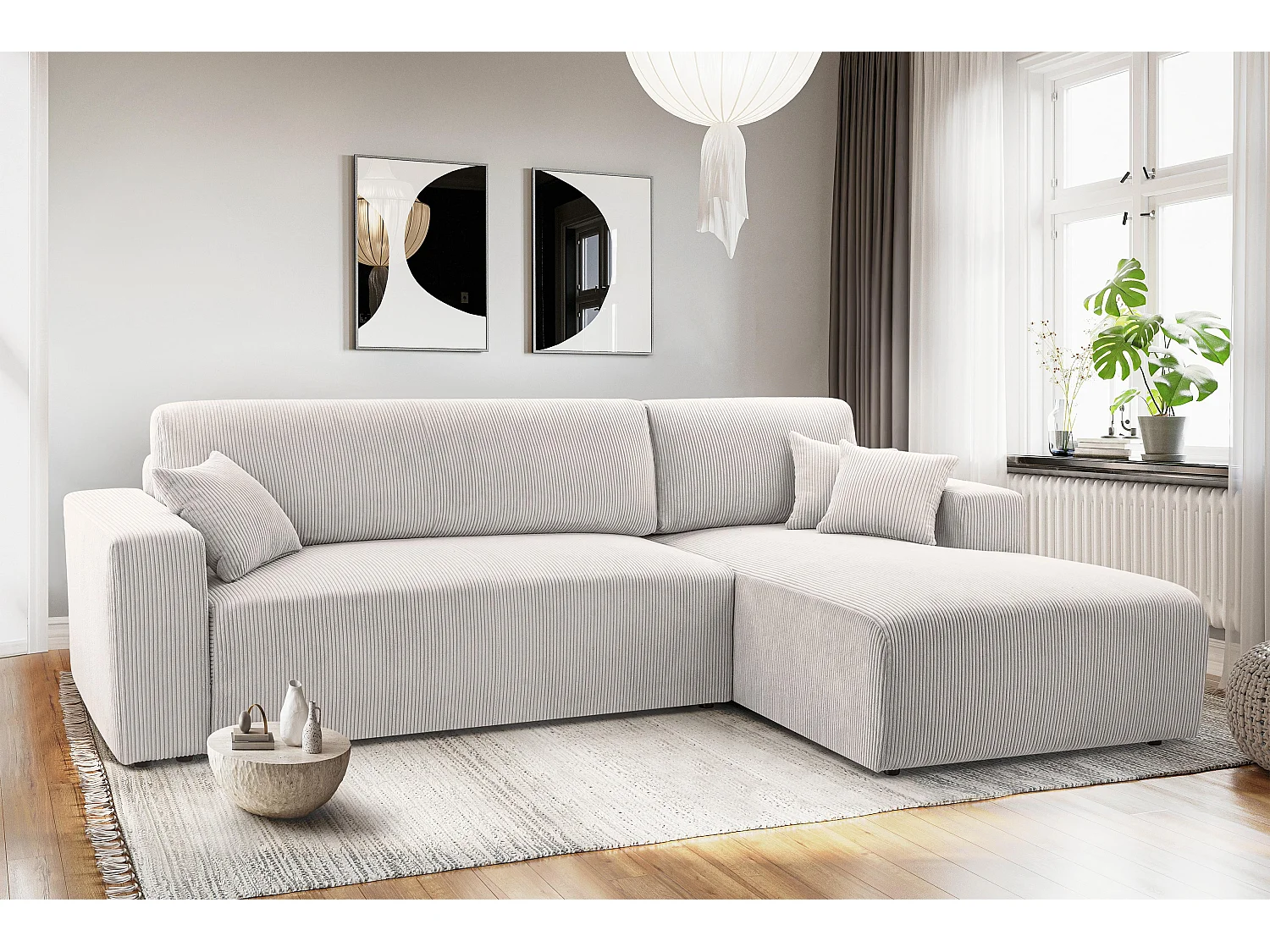 AX LIVING Catea witte hoekbank met slaapfunctie 279cm opbergruimte R