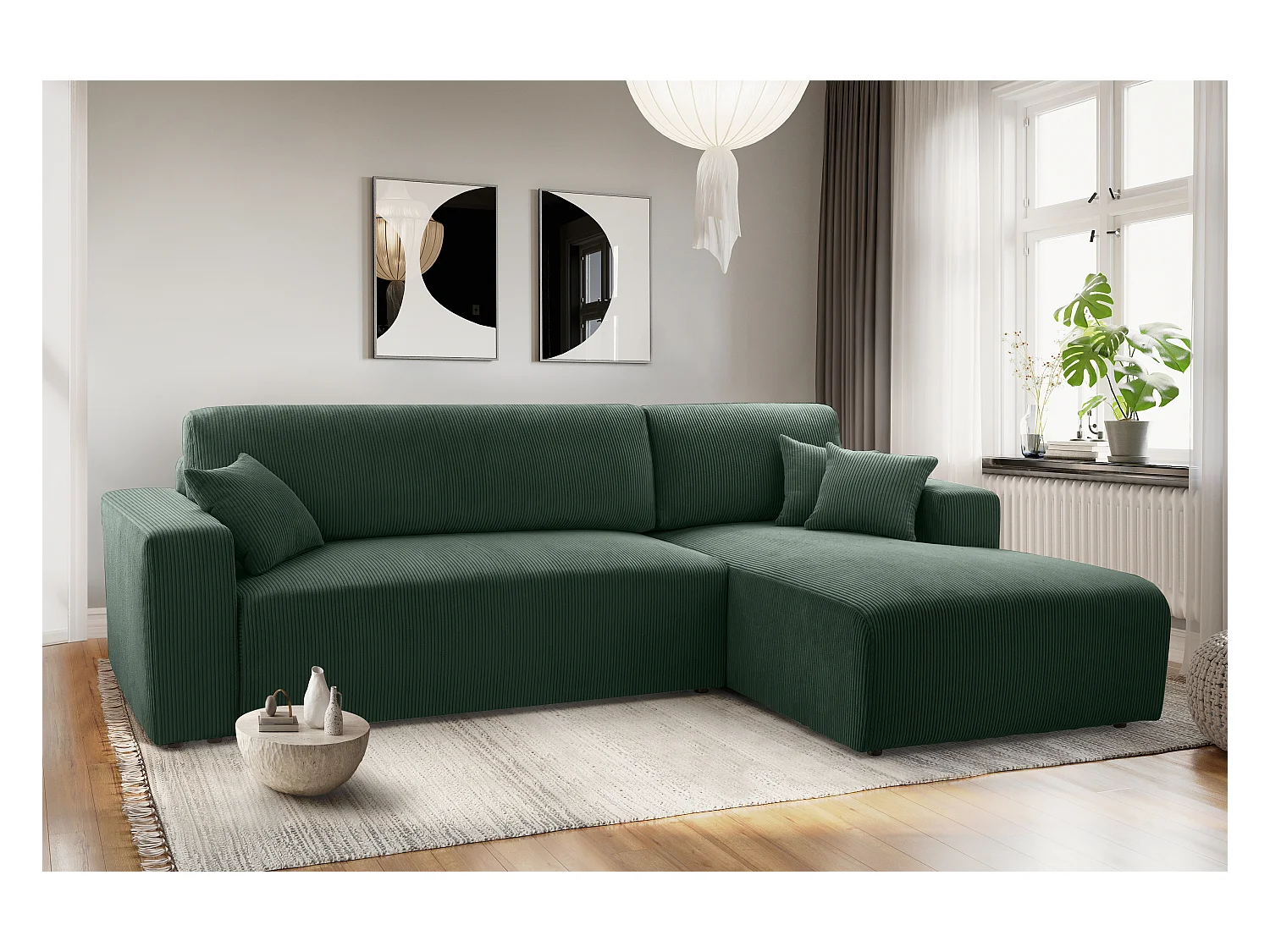 AX LIVING Catea donkergroene hoekbank met slaapfunctie 279 cm R