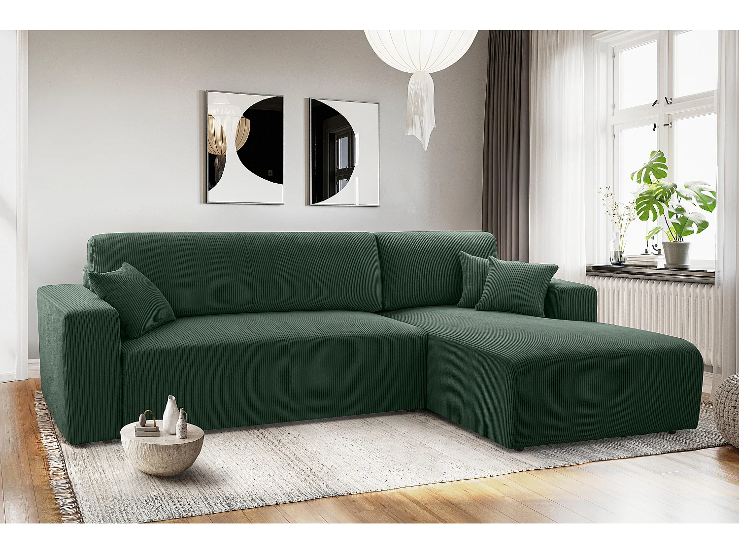 AX LIVING Catea donkergroene hoekbank met slaapfunctie 279 cm R