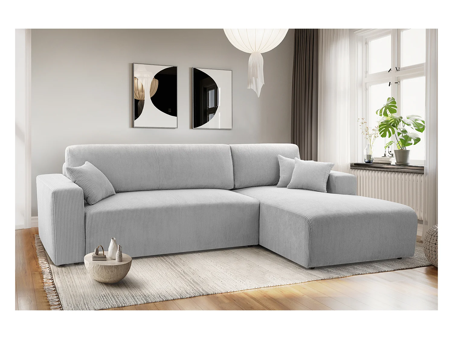 AX LIVING Catea lichtgrijze hoekbank met slaapfunctie – 279 cm R