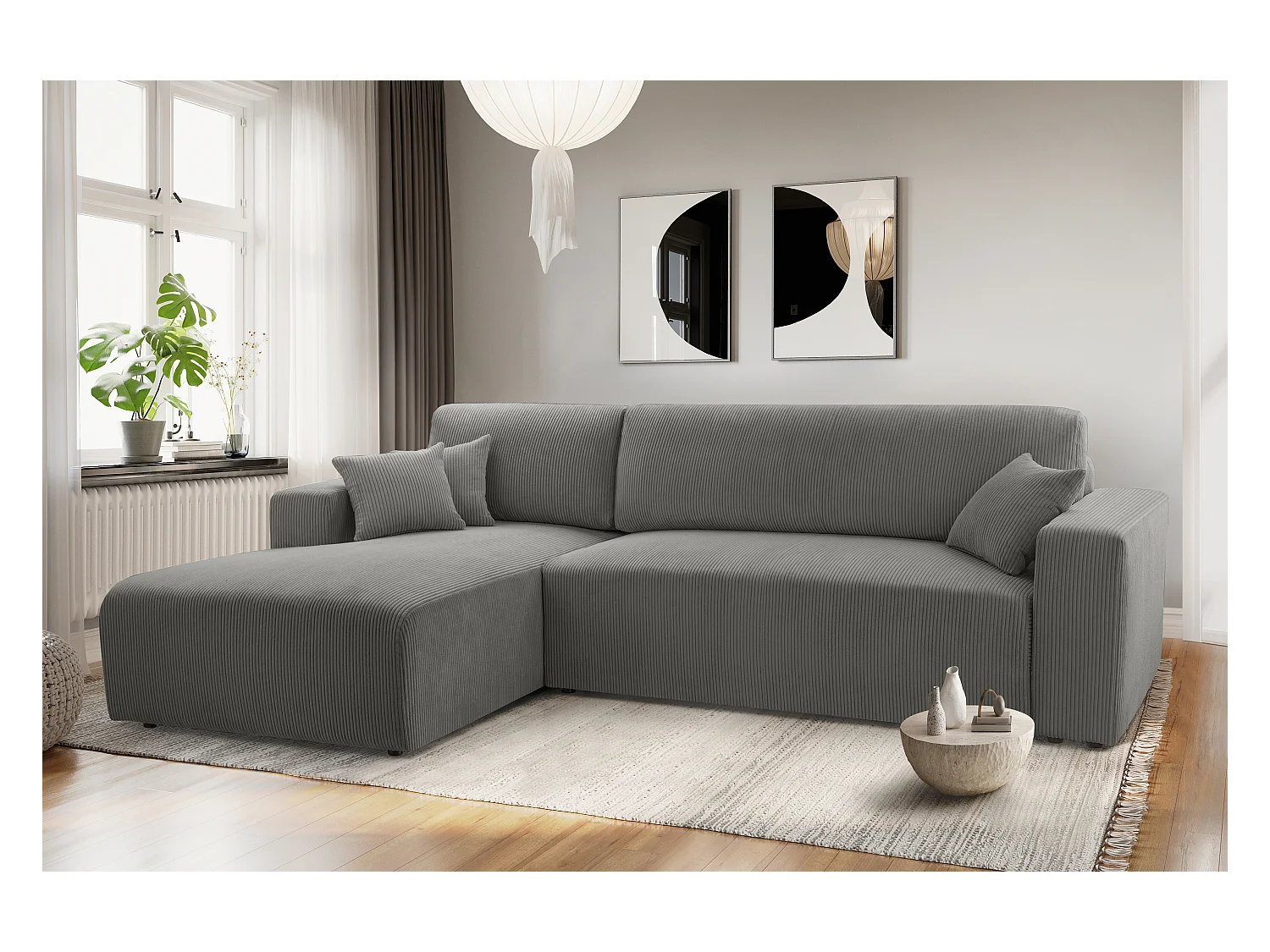 AX LIVING Catea Eckschlafsofa mit Bettkasten – Graue Eckcouch 279 cm L
