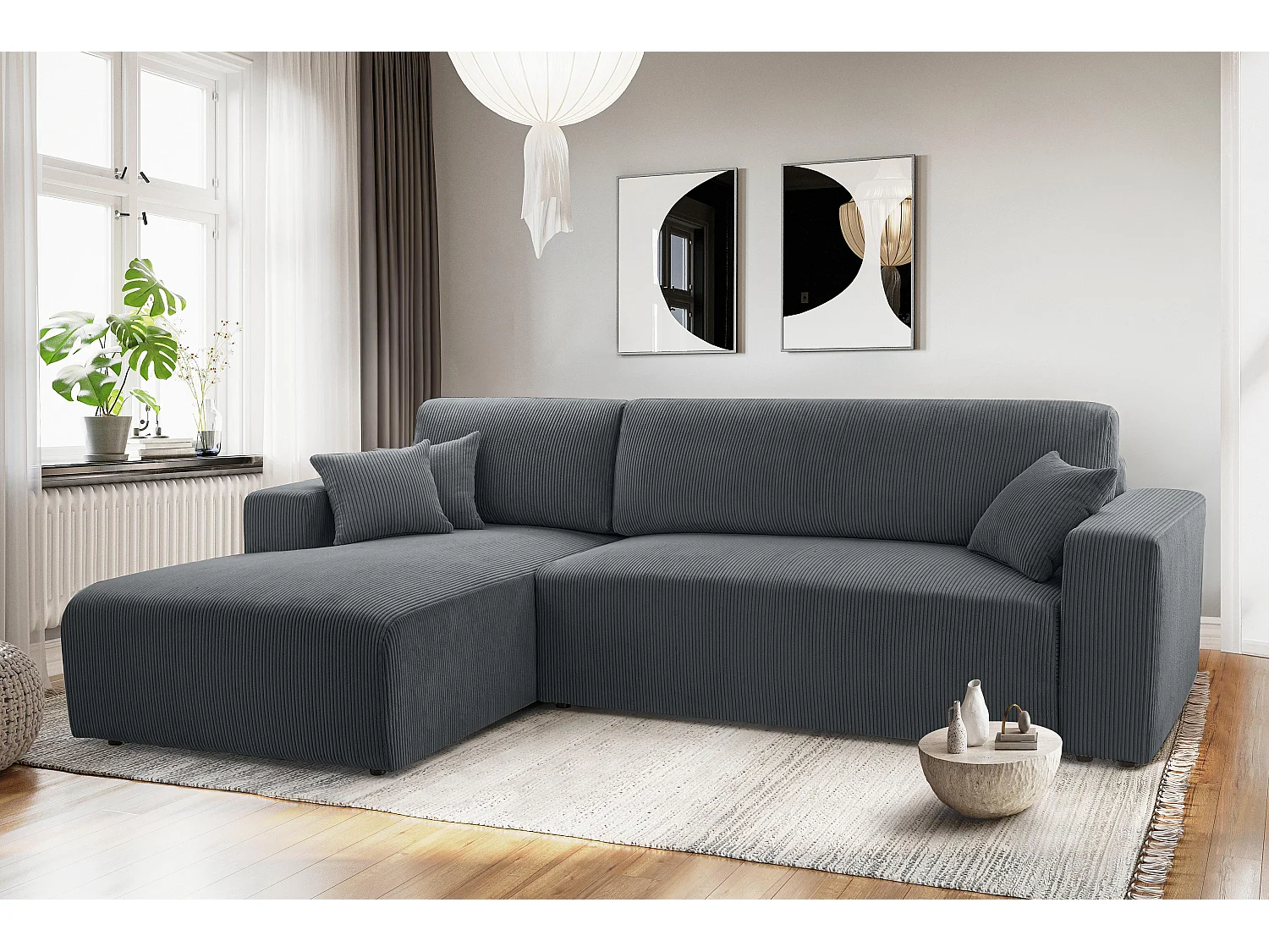 AX LIVING Catea grijze hoekbank met slaapfunctie – 279 cm L