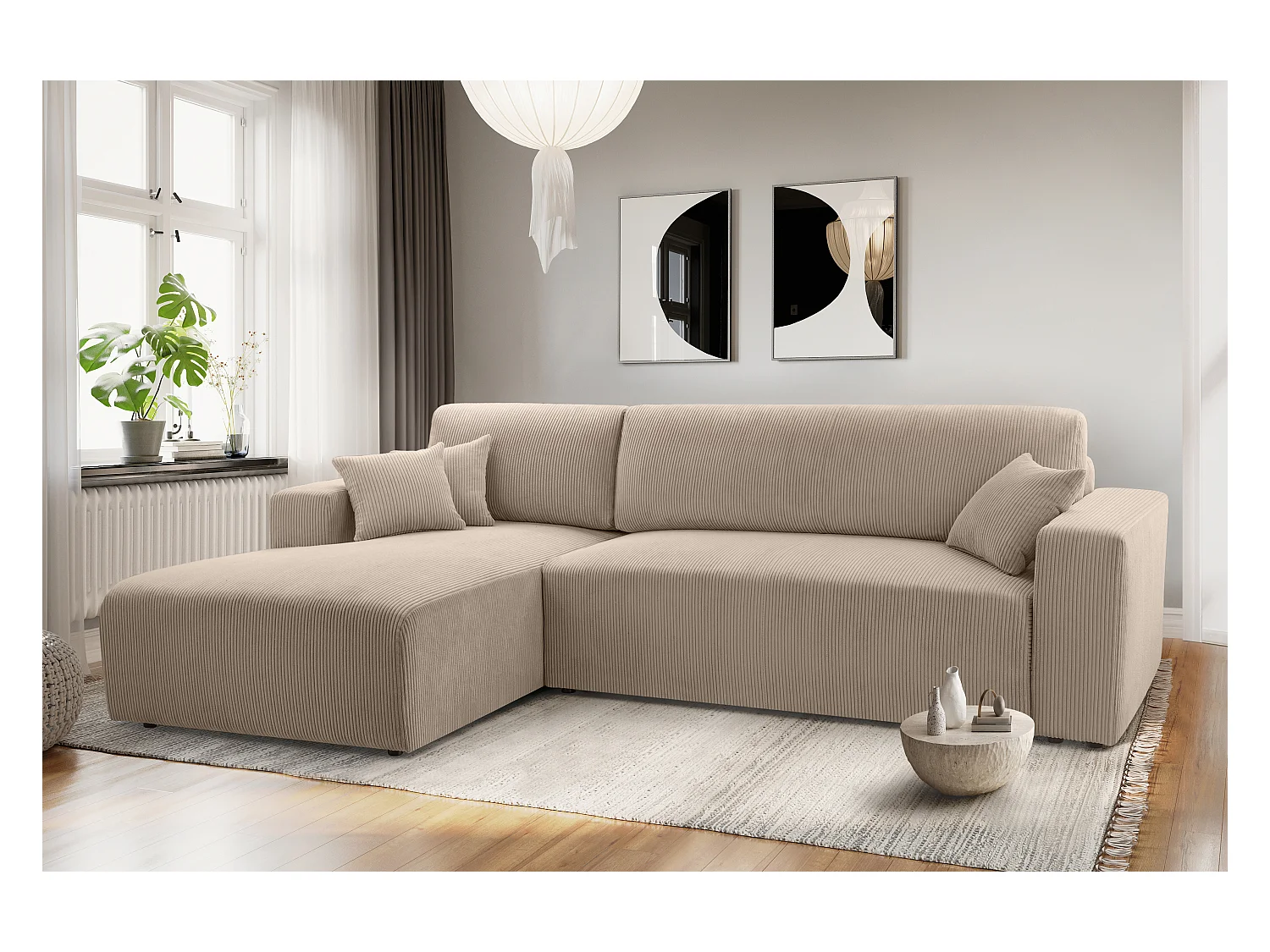 AX LIVING Catea beige hoekbank met slaapfunctie 279 cm opbergruimte L