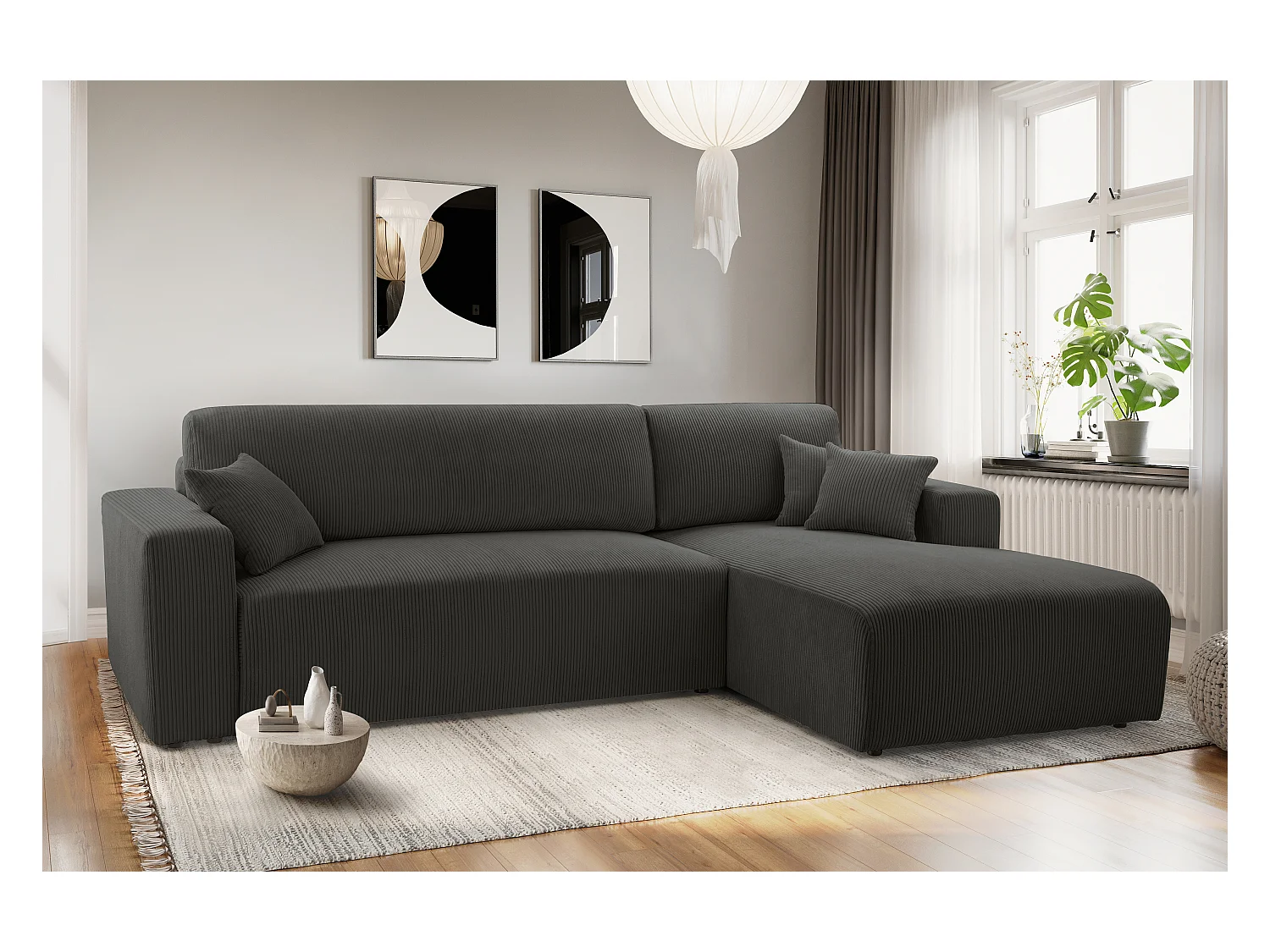 AX LIVING Catea donkergrijze hoekbank met slaapfunctie – 279 cm R