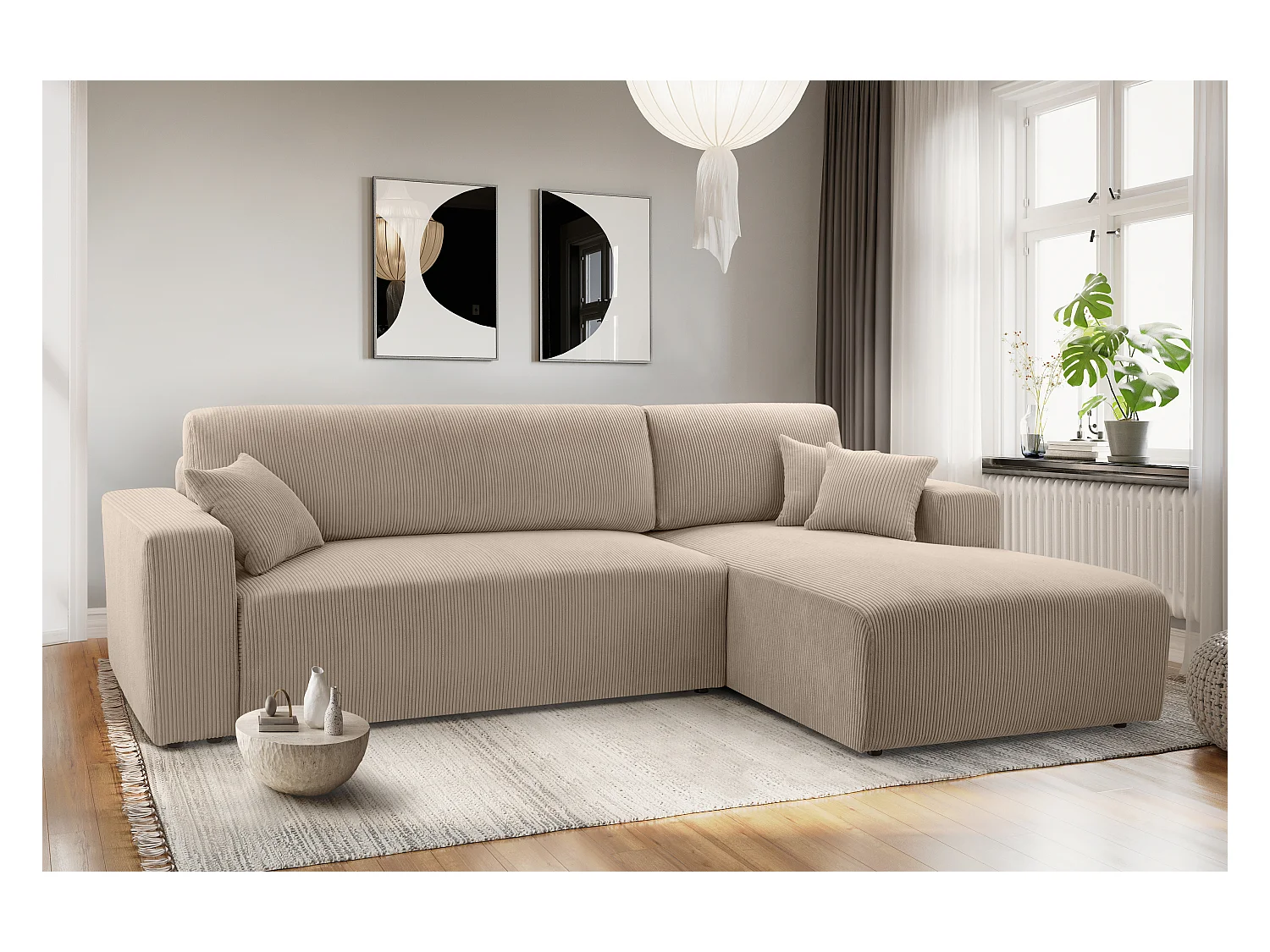 AX LIVING Catea beige hoekbank met slaapfunctie 279 cm opbergruimte R