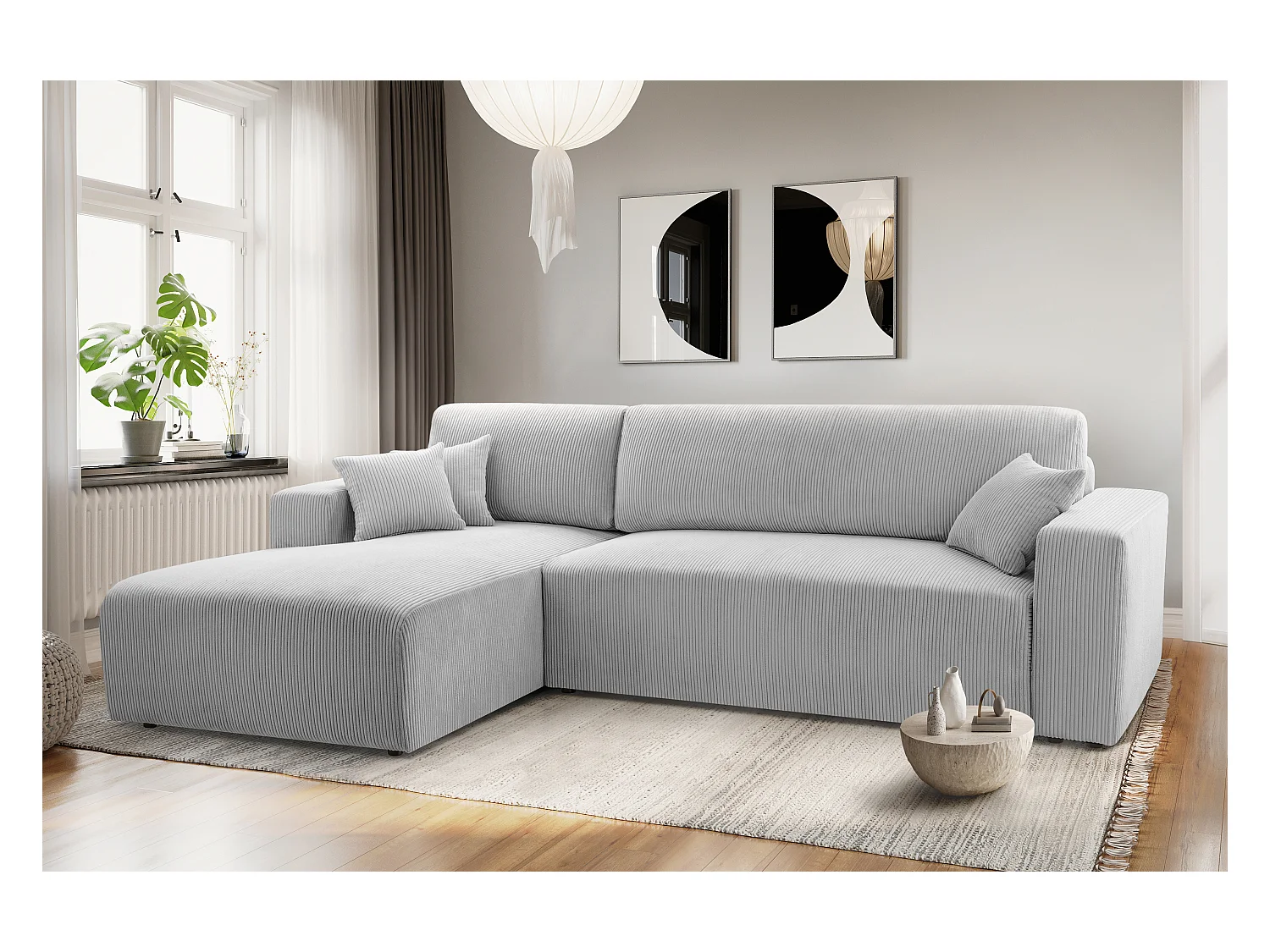 AX LIVING Catea Eckschlafsofa mit Bettkasten Hellgraue Ecksofa 279cm L