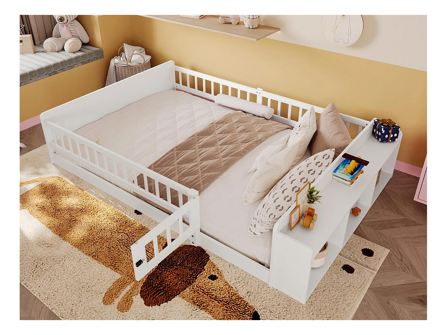Lit enfant 140 x 200 cm - bois massif - avec rangement - avec 1 porte - blanc (matelas non inclus)