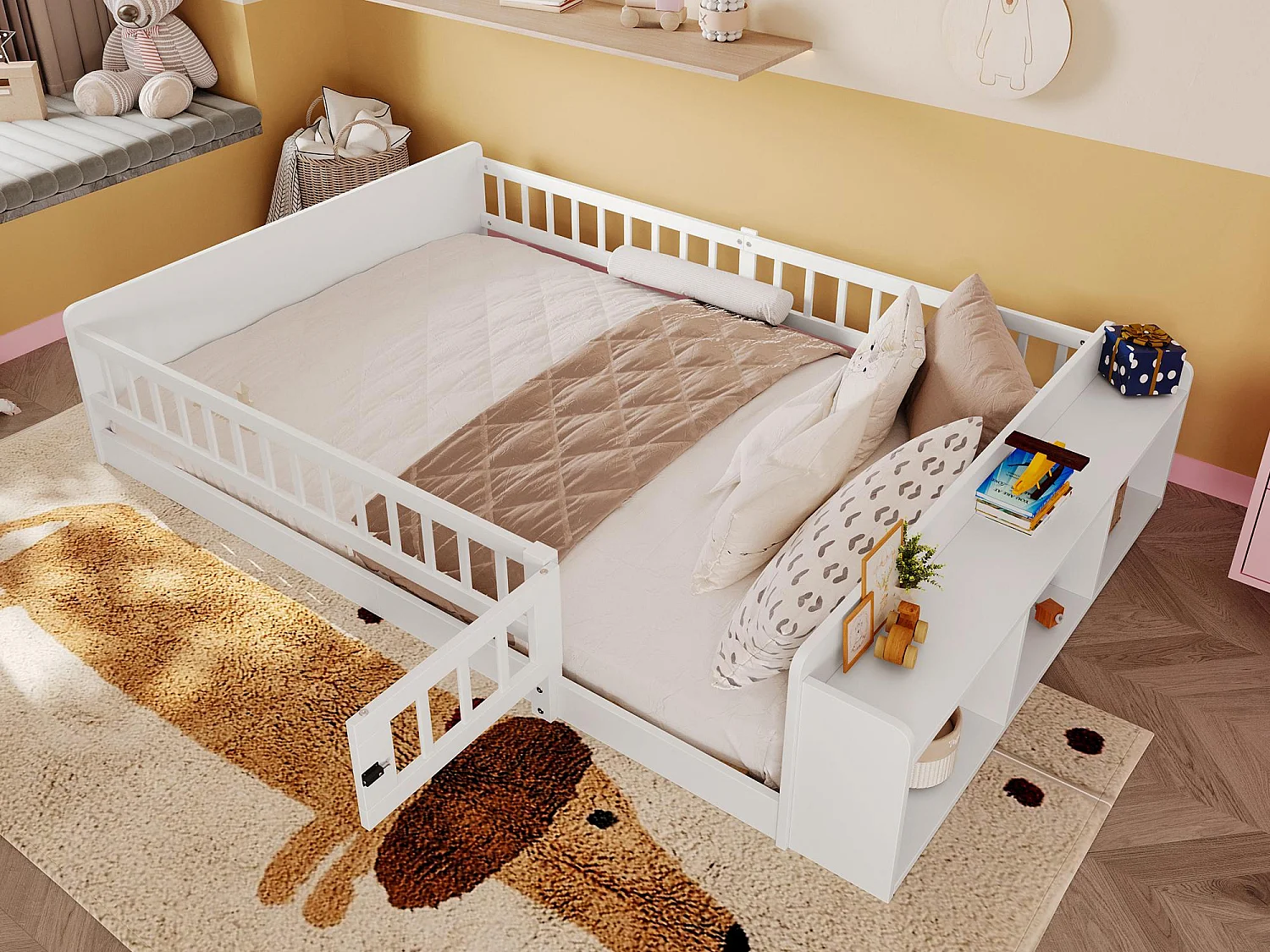 Lit enfant 140 x 200 cm - bois massif - avec rangement - avec 1 porte - blanc (matelas non inclus)