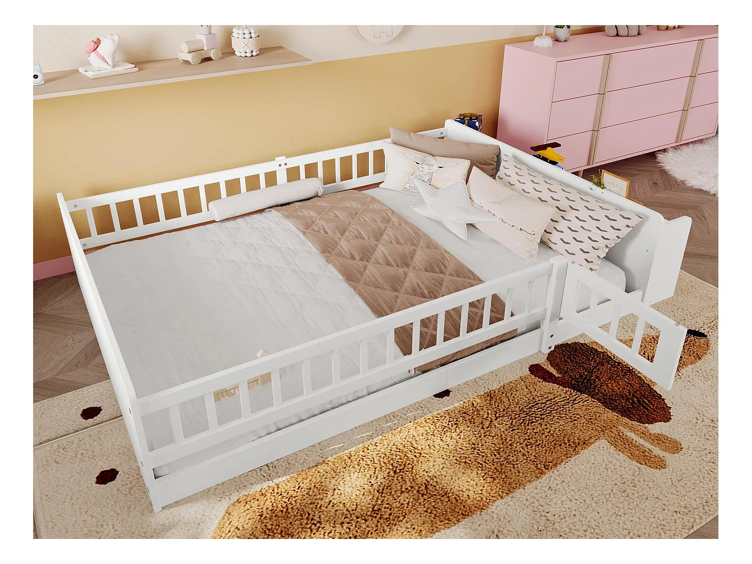 Lit enfant 140 x 190 cm - bois massif - avec rangement - avec 1 porte - blanc (matelas non inclus)