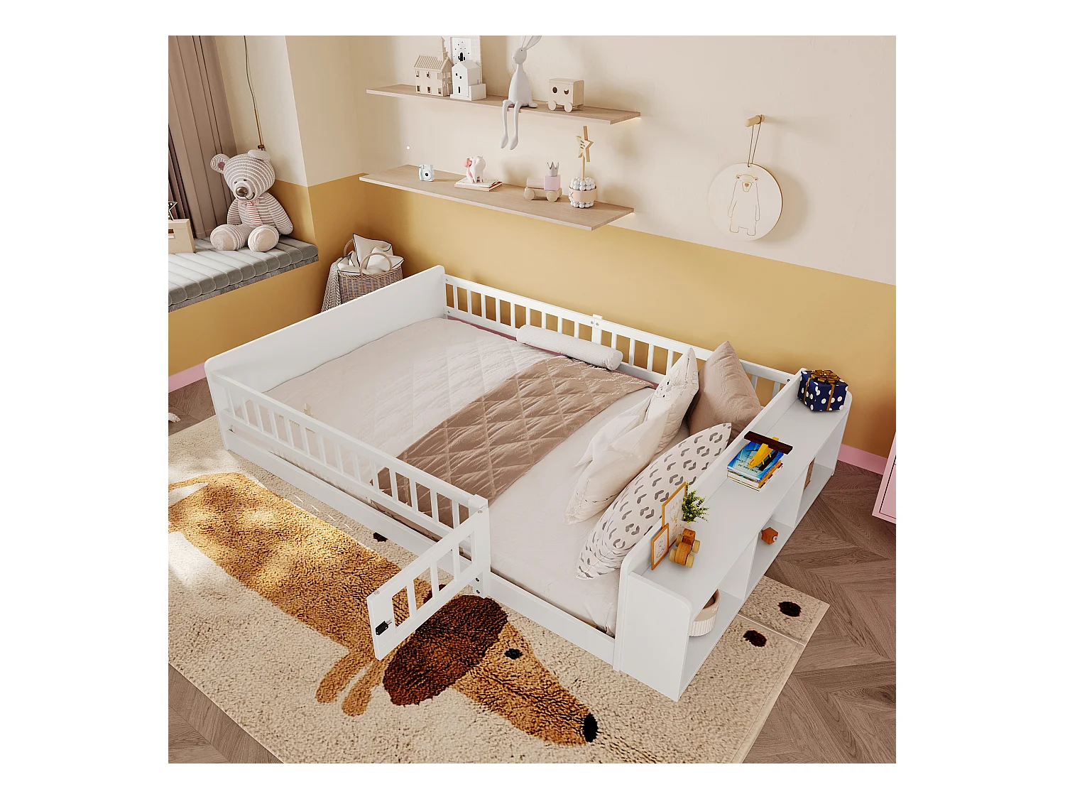 Lit enfant 140 x 190 cm - bois massif - avec rangement - avec 1 porte - blanc (matelas non inclus)